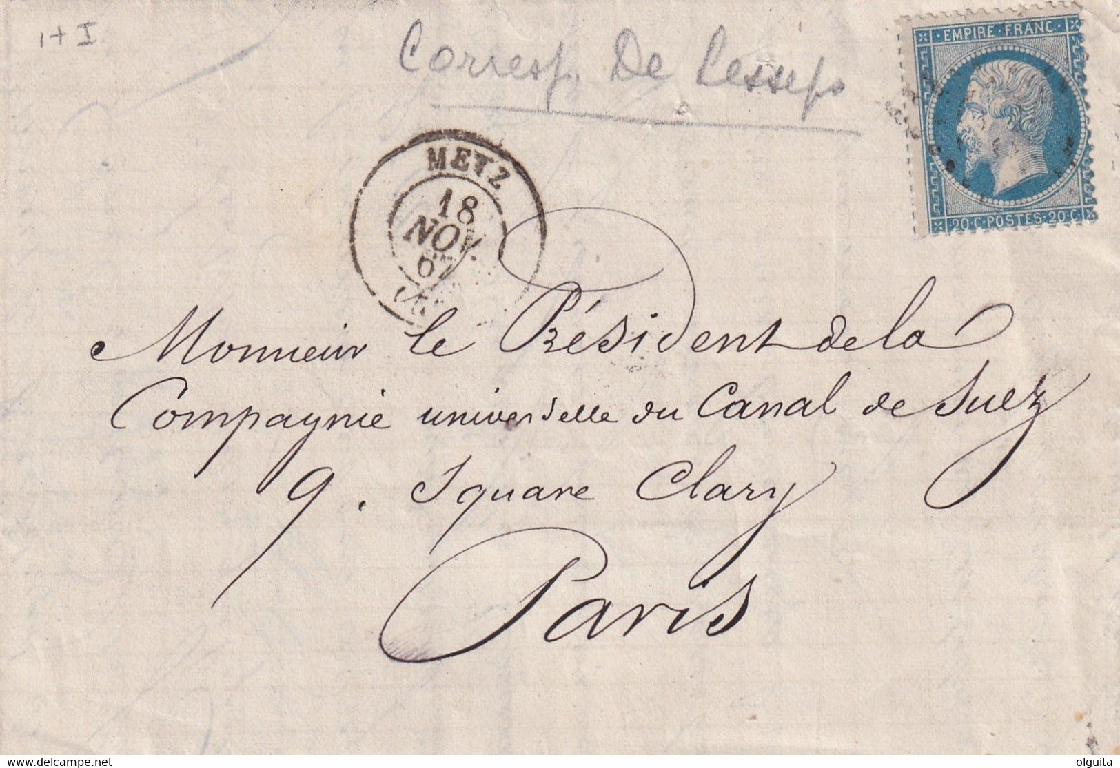 749/33 - Lettre TP Empire Dentelé 20 C METZ 1867 Vers Le Président De La Cie Du Canal De SUEZ à PARIS - 1862 Napoleon III