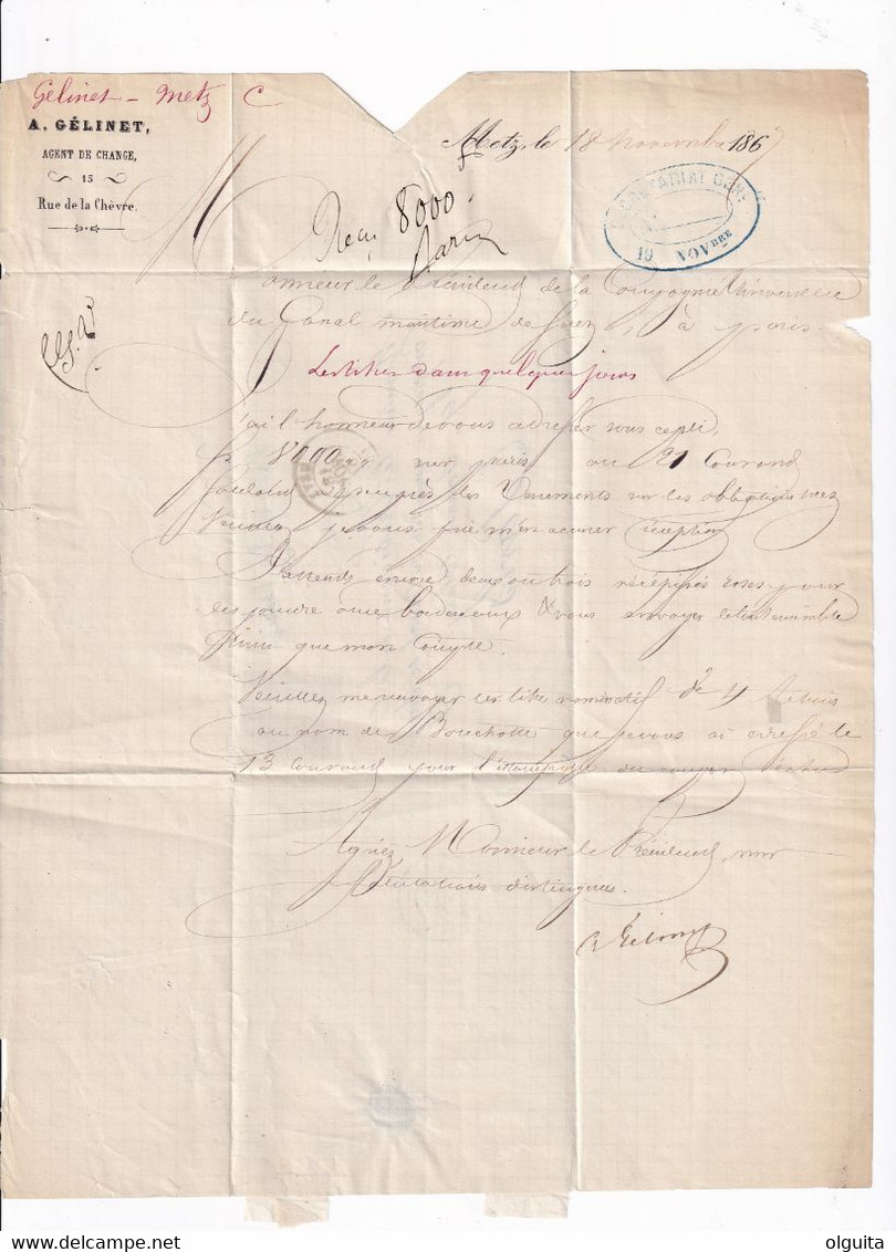 749/33 - Lettre TP Empire Dentelé 20 C METZ 1867 Vers Le Président De La Cie Du Canal De SUEZ à PARIS - 1862 Napoleon III