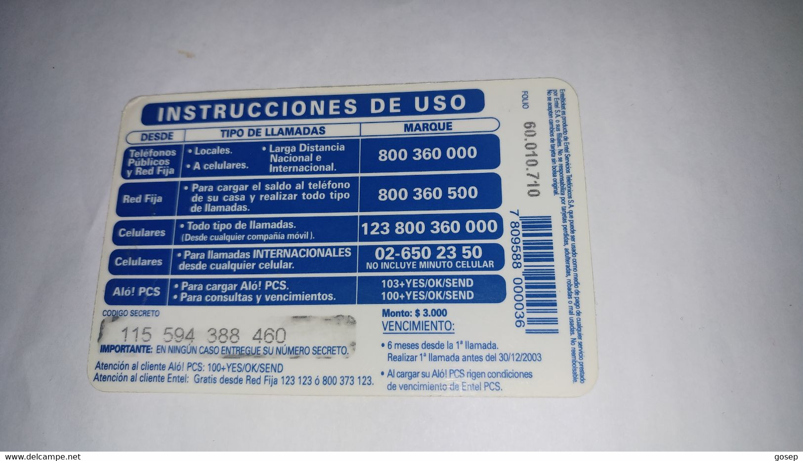 Chile-entel Ticket-(160)-($3.000)-(115-594-388-460)-(30/12/2003)-(look Outside)-used Card+1card Prepiad Free - Chile