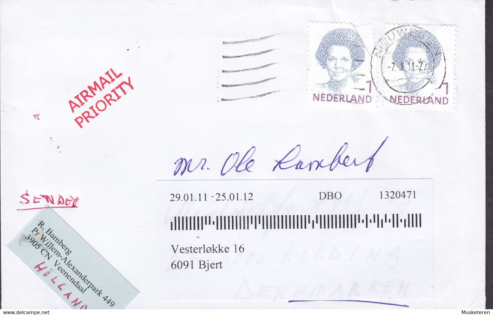 Netherlands Air Mail PRIORITY Veenendaal NIEUWEGEN 2011 'Petite' Cover Brief KOLDING REadressed BJERT Denmark 2x Beatrix - Cartas & Documentos