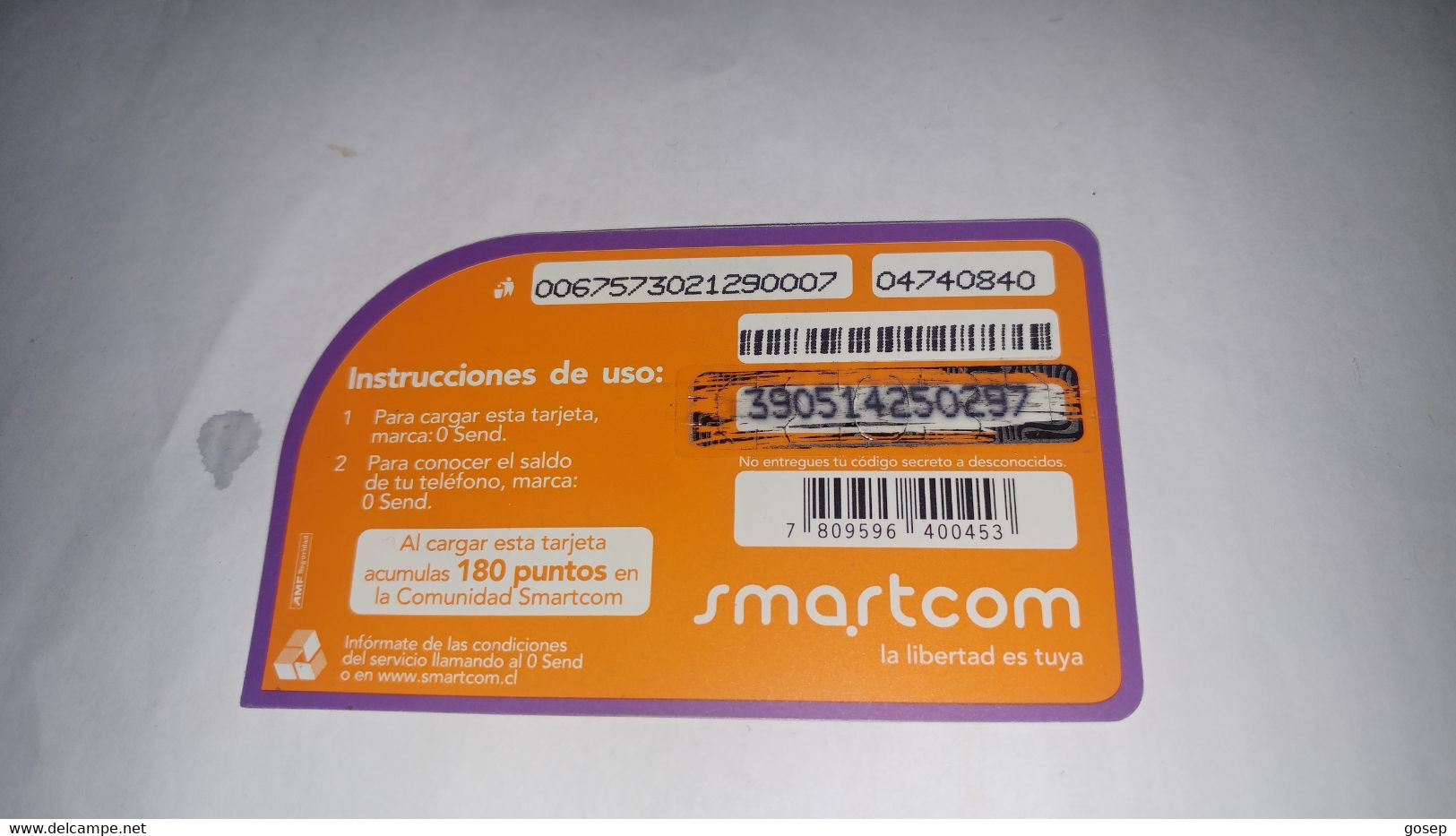 Chile-smartcom-(165)-($3.600)-(390514250297)-(04740840)-(look Out Side)-used Card+1card Prepiad Free - Chili