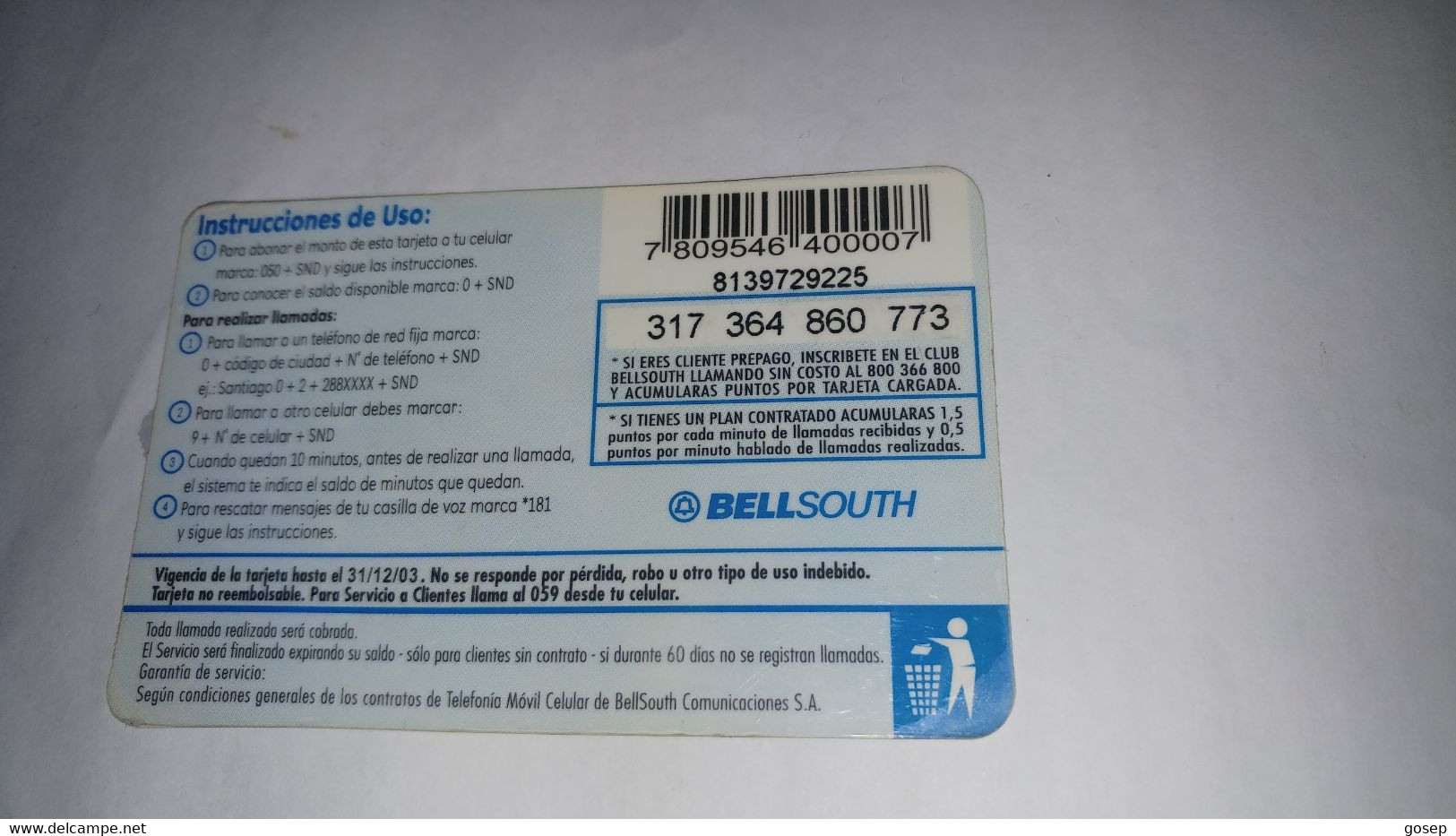 Chile-bell South-(166)-($3.000)-(317-364-860-773)-(31/12/03)-(look Out Side)-used Card+1card Prepiad Free - Chile