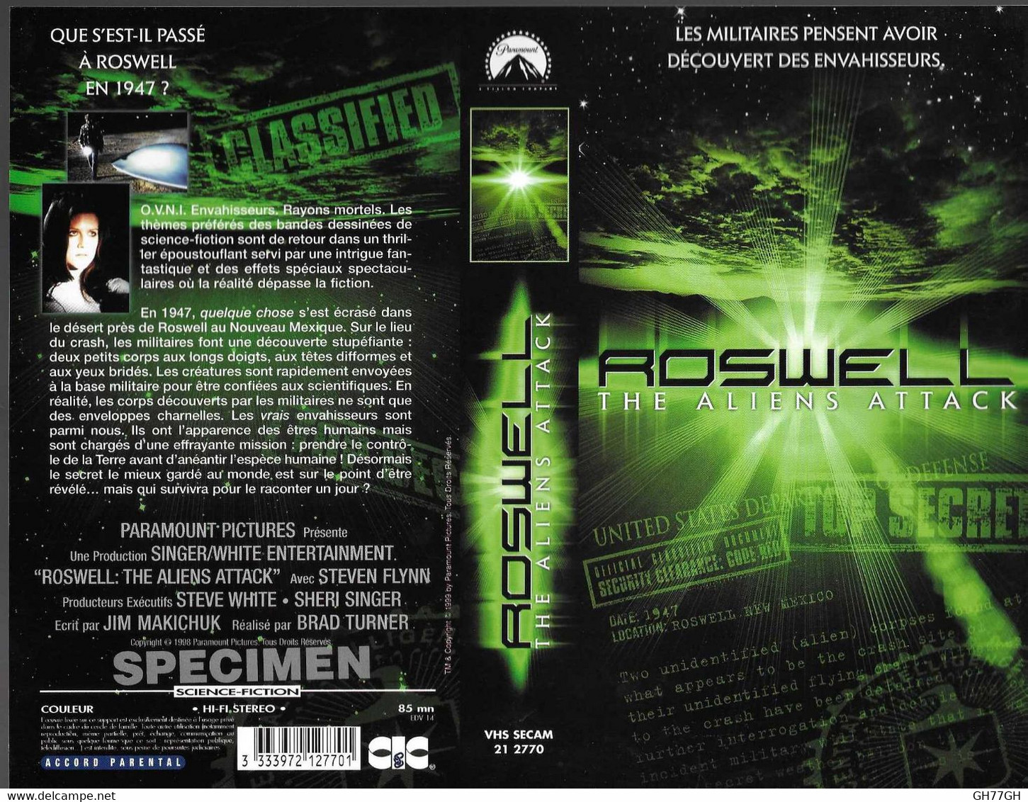 "ROSWELL: THE ALIENS ATTACK" -jaquette SPECIMEN Originale CIC VIDEO - Sciencefiction En Fantasy