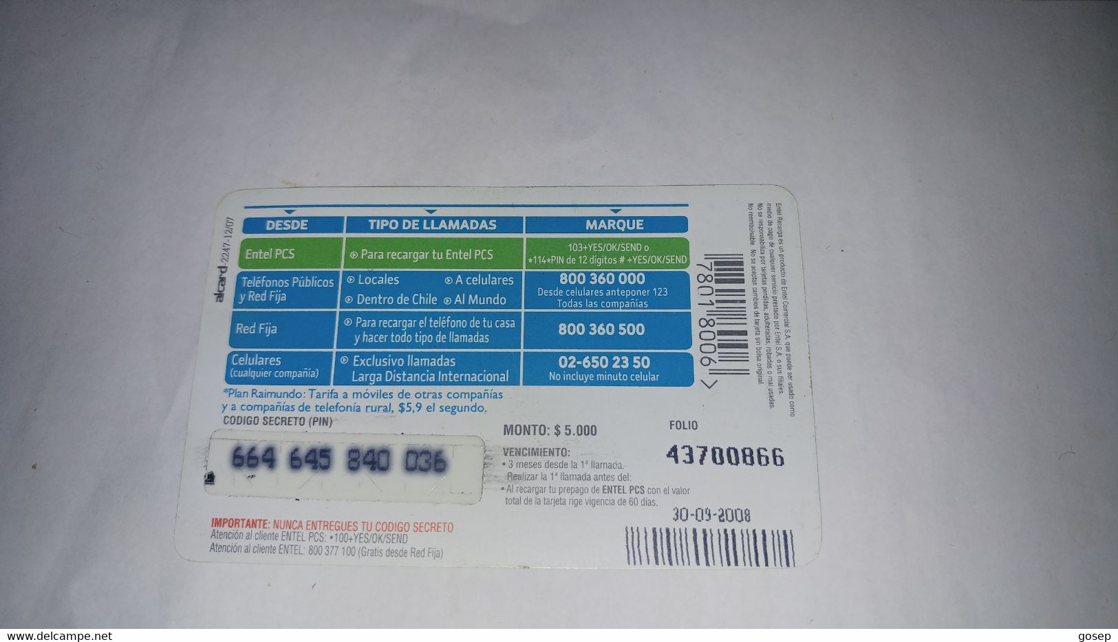 Chile-entel Recarga-(167)-($5.000)-(664-645-840-036)-(30/9/2008)-(look Outside)-used Card+1card Prepiad Free - Chile