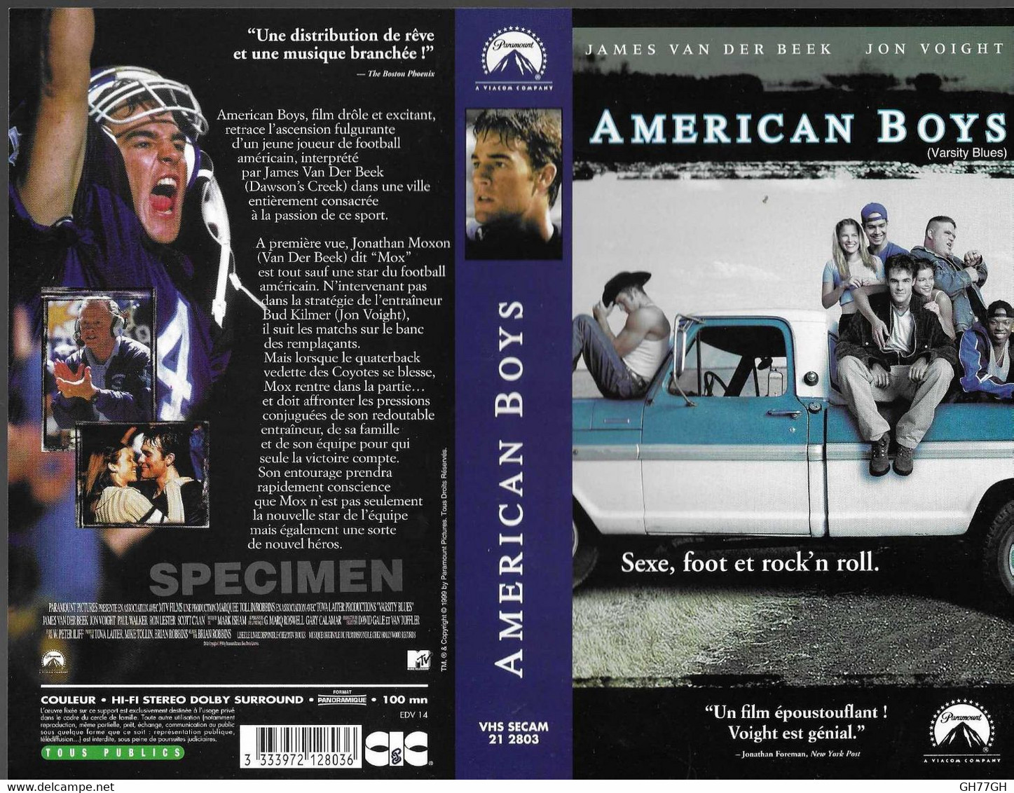 "AMERICAN BOYS" -jaquette SPECIMEN Originale CIC VIDEO -sexe, Foot Et Rock'n Roll - Acción, Aventura