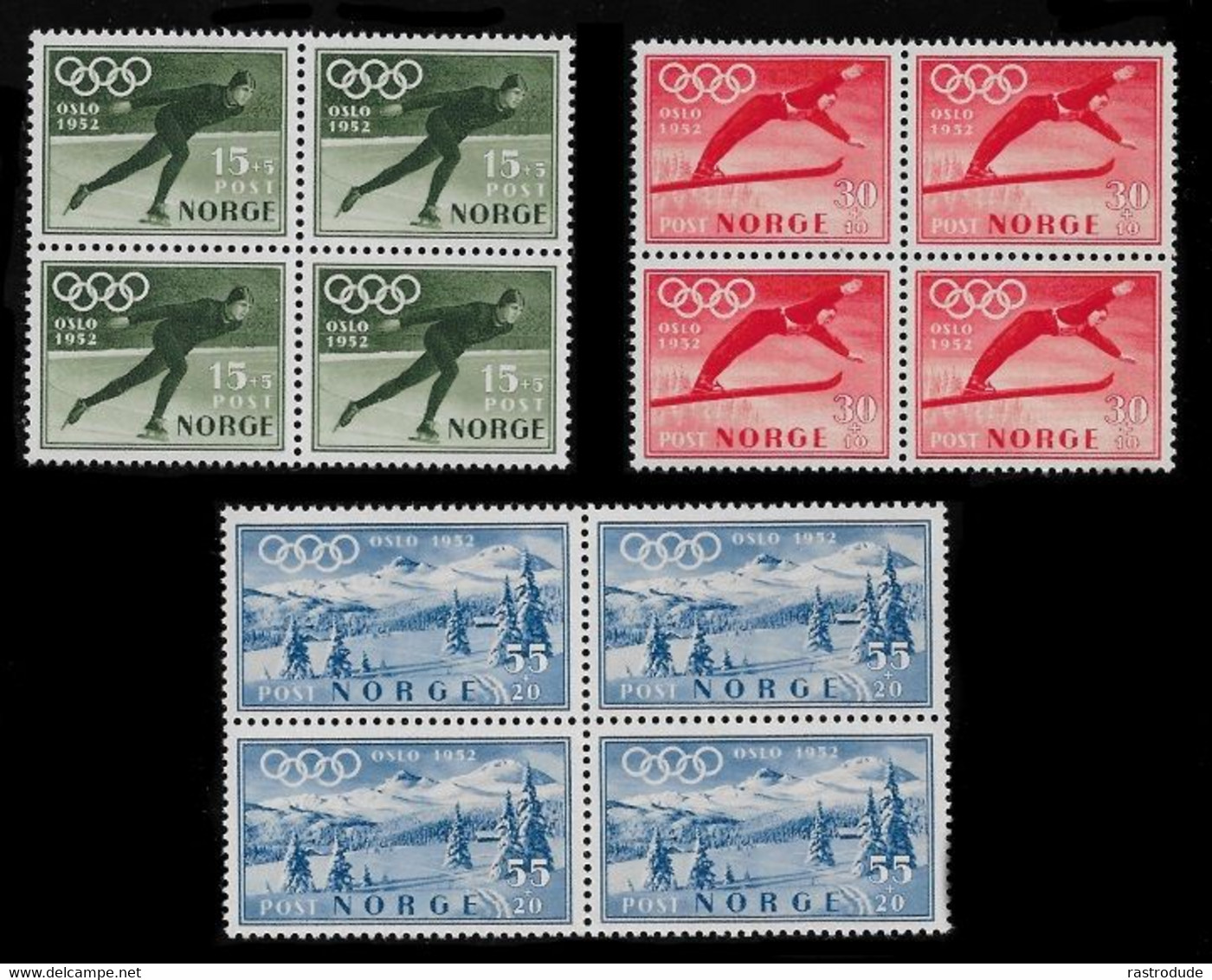 1951 NORWAY - OLYMPIC WINTER GAMES - FULL SET IN BLOCKS OF 4 - MNH - Mi.Nr. 372-374 (**). VF - Ungebraucht