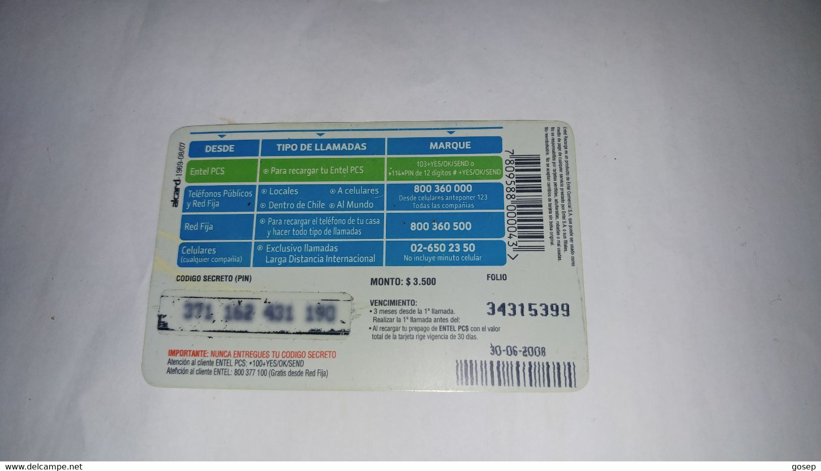 Chile-entel Recarga-(169)-($3.500)-(371-162-431-190)-(30/6/2008)-(look Outside)-used Card+1card Prepiad Free - Chili