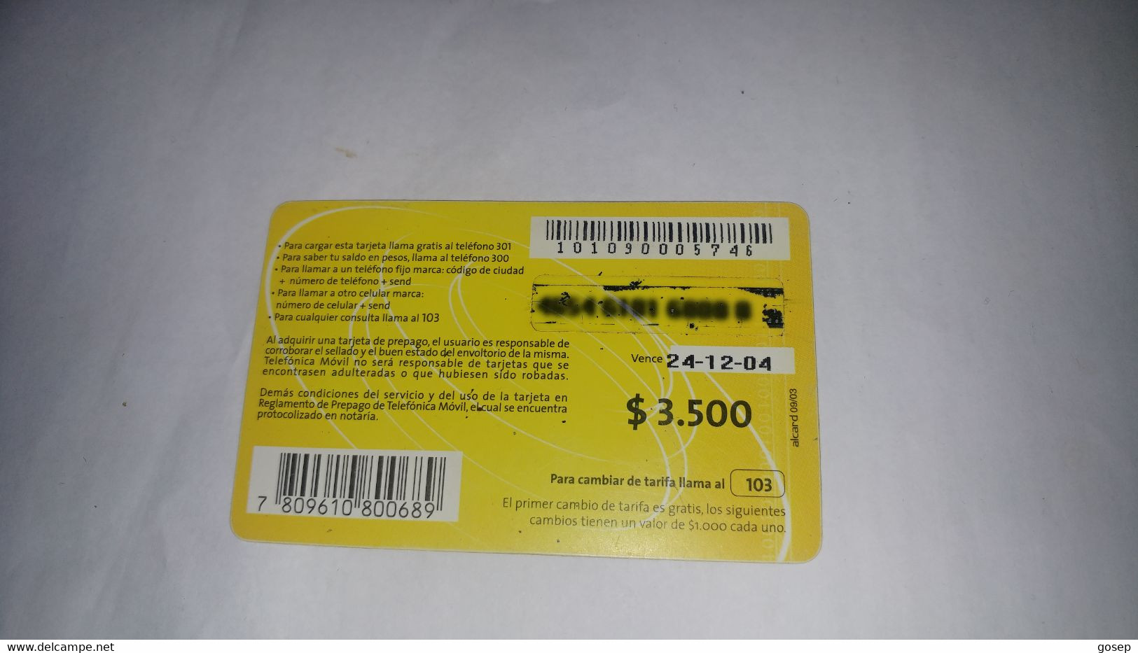 Chile-telefonica Movil-(171)-($3.500)-(101090005746)-(24/12/2004)-(look Outside)-used Card+1card Prepiad Free - Chile