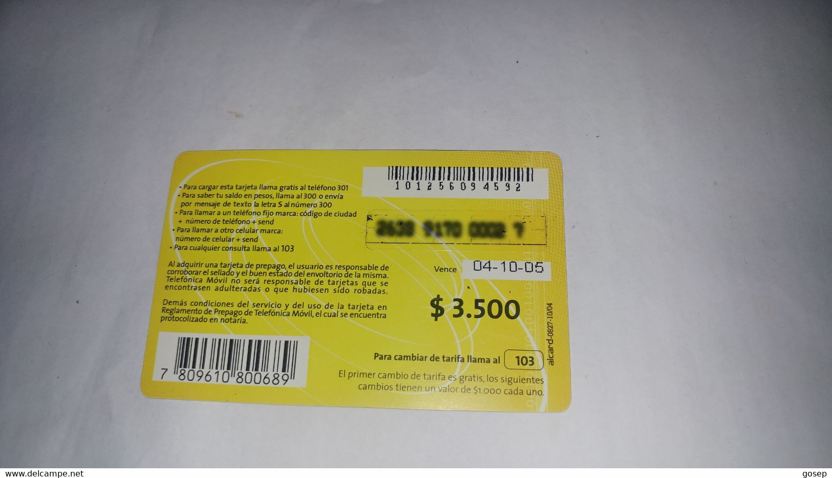 Chile-telefonica Movil-(172)-($3.500)-(2638-9170-0002-7)-(4/10/2005)-(look Outside)-used Card+1card Prepiad Free - Chile