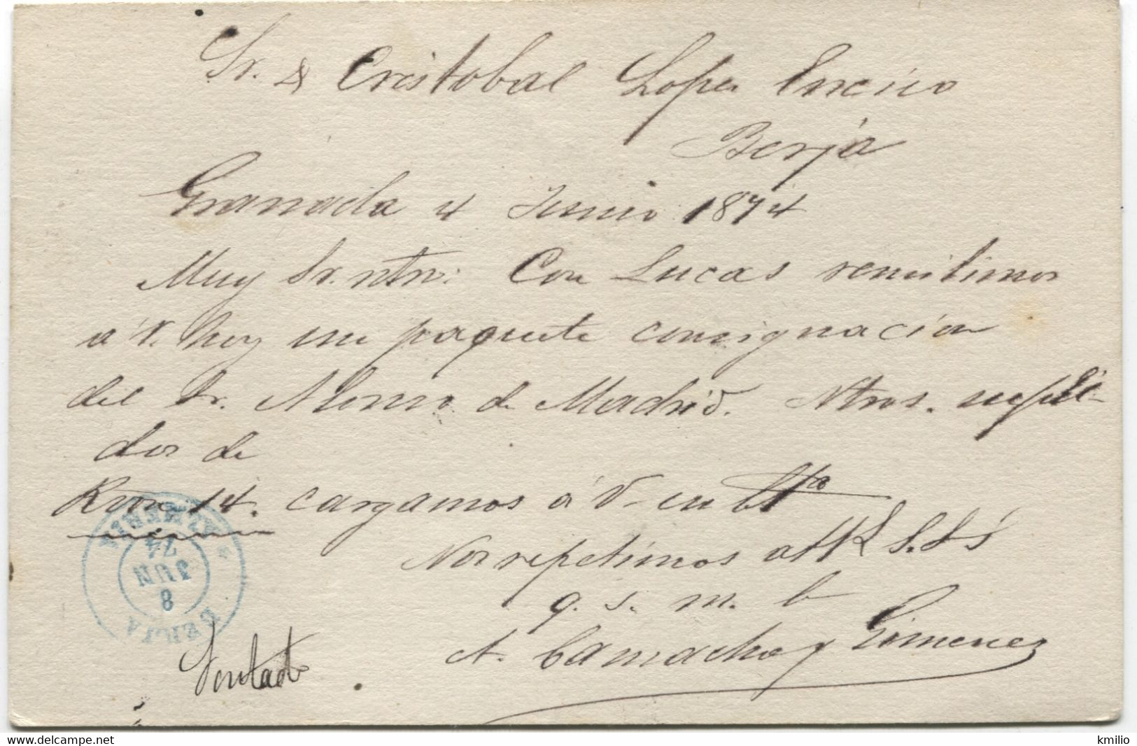 1874 EP De Granada A Berja (Almería) Cancelado Araña Con 5 De Granada, Al Dorso, Llegada. - Storia Postale