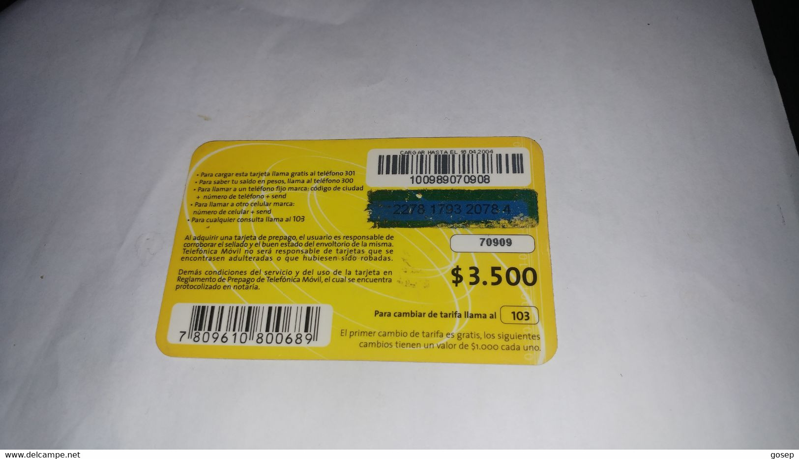 Chile-telefonica Movil-(173)-($3.500)-(2278-1793-2078-4)-(16/4/2004)-(look Outside)-used Card+1card Prepiad Free - Chile