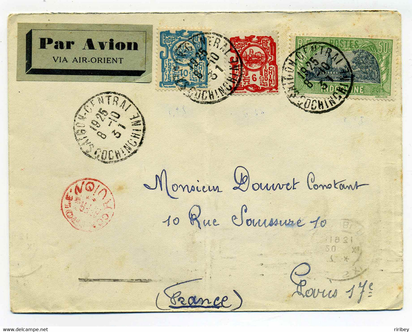 Lettre AIR ORIENT  De SAIGON CENTRAL Pour PARIS / 1931 / Marque De Controle Affranchissement AVION  / Cochinchine - Lettres & Documents