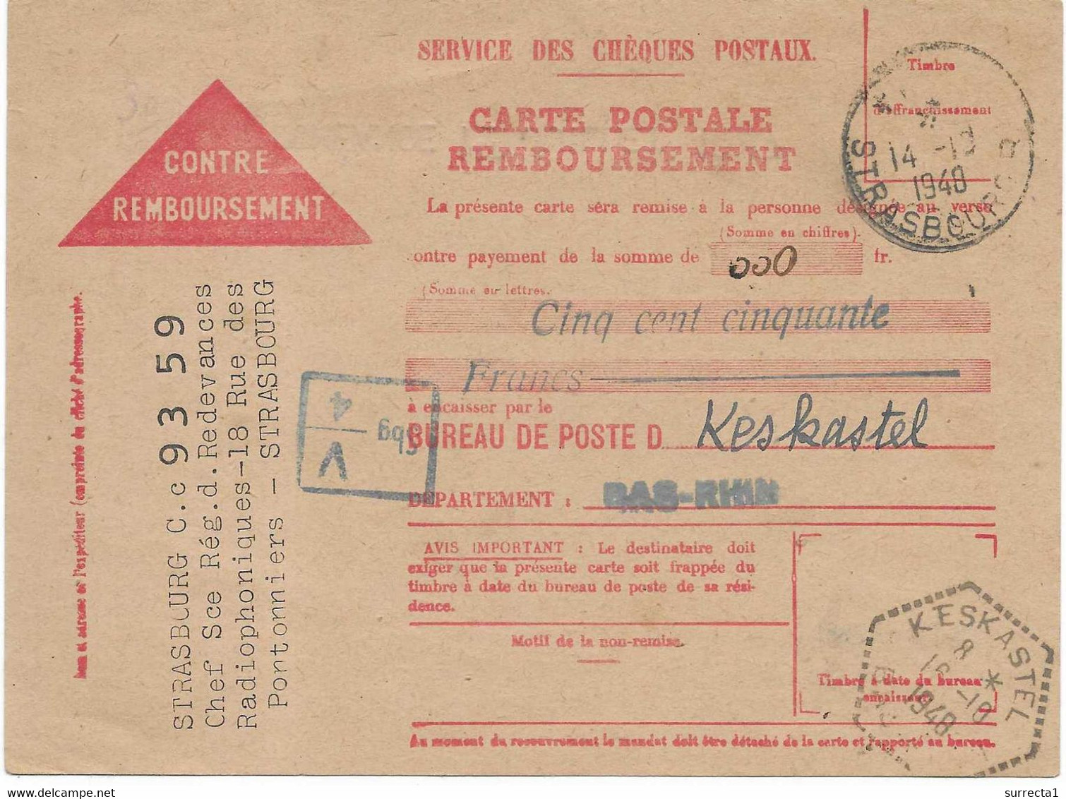 1948 / Carte Remboursement Redevance Radio Strasbourg / Rare Crbt En Franchise / Cachet Hexagonal Keskatel 67 - Lettres & Documents