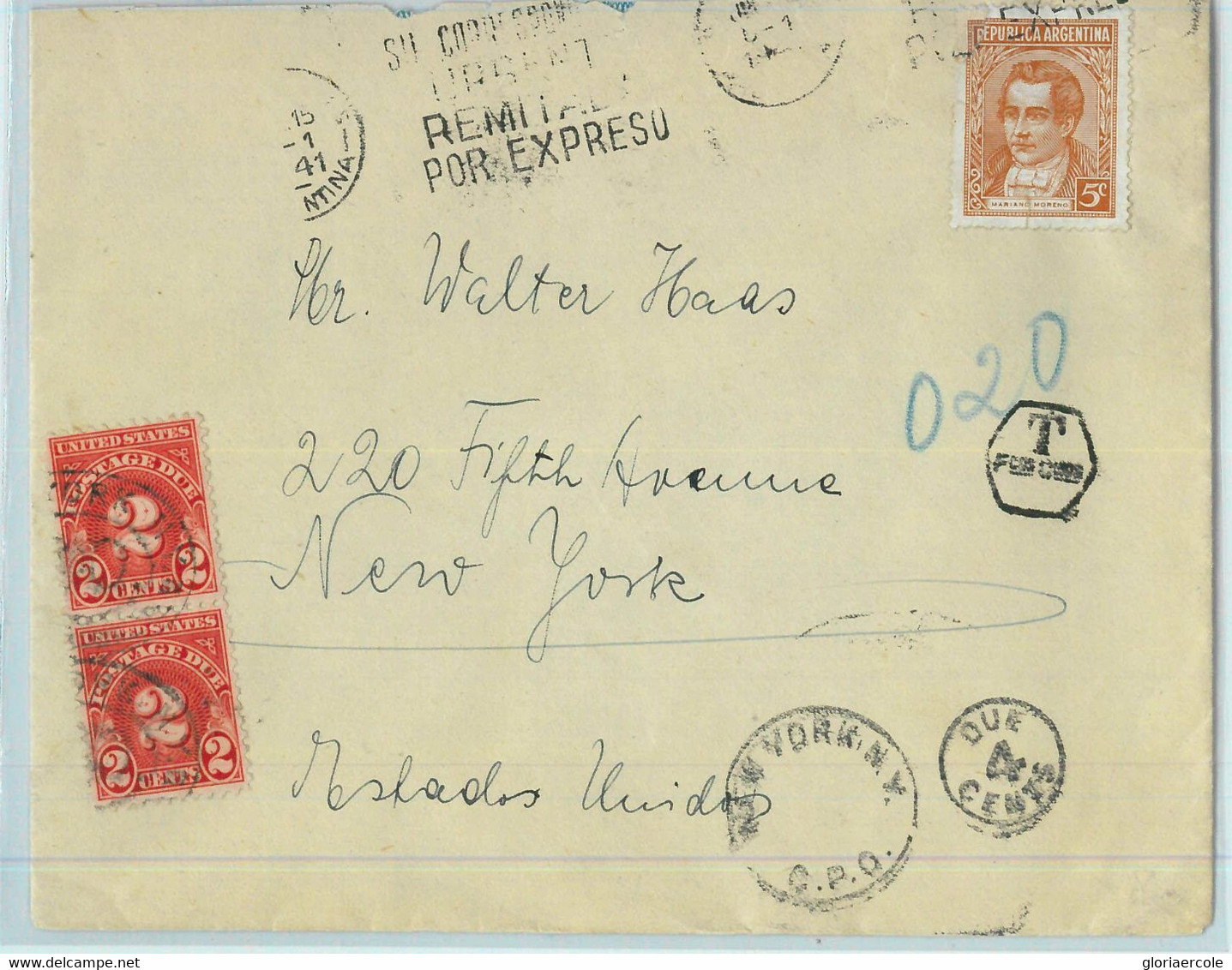 93976 - ARGENTINA - POSTAL HISTORY - Cover To USA 1941 - TAXED On ARRIVAL 4 Cent - Briefe U. Dokumente