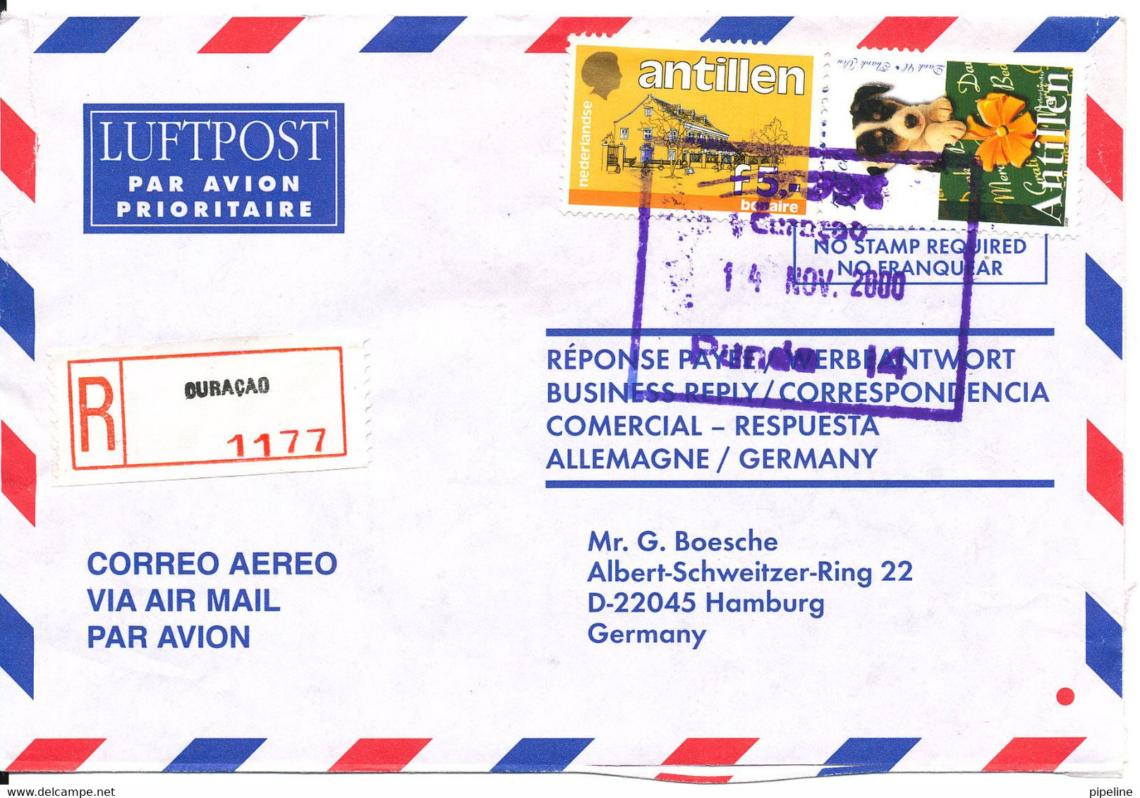 Netherlands Antilles Registered Air Mail Cover Sent To Germany Curacao 14-11-2000 - Curazao, Antillas Holandesas, Aruba