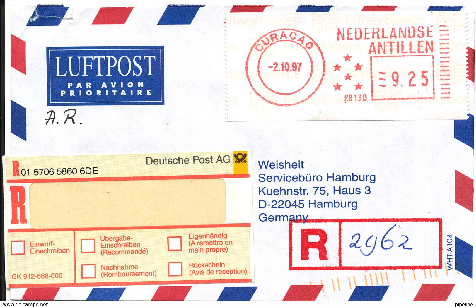 Netherlands Antilles Registered Air Mail Cover Sent To Germany Curacao Meter Cancel 2-10-1997 - Curazao, Antillas Holandesas, Aruba