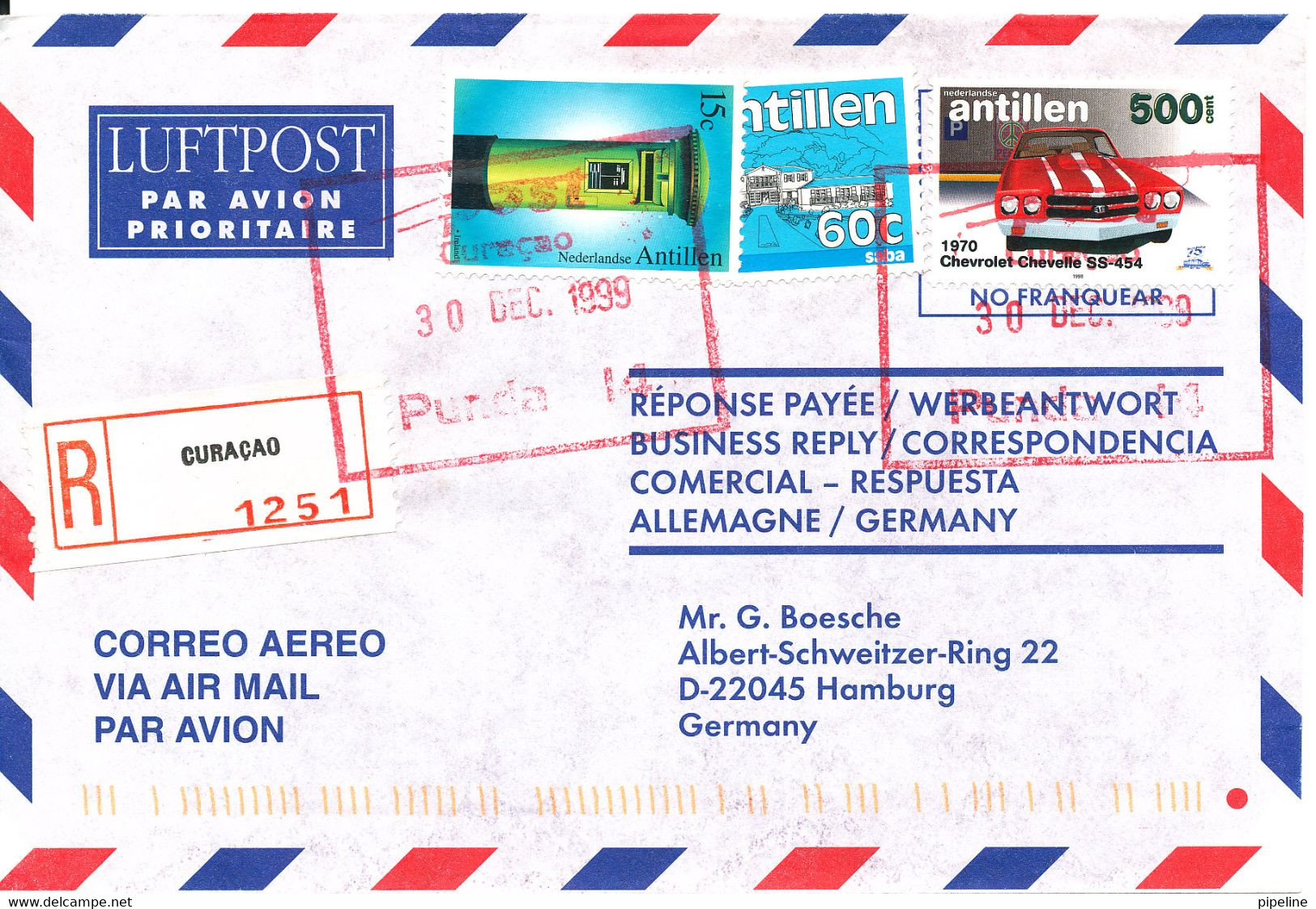 Netherlands Antilles Registered Air Mail Cover Sent To Germany Curacao 30-12-1999 - Niederländische Antillen, Curaçao, Aruba