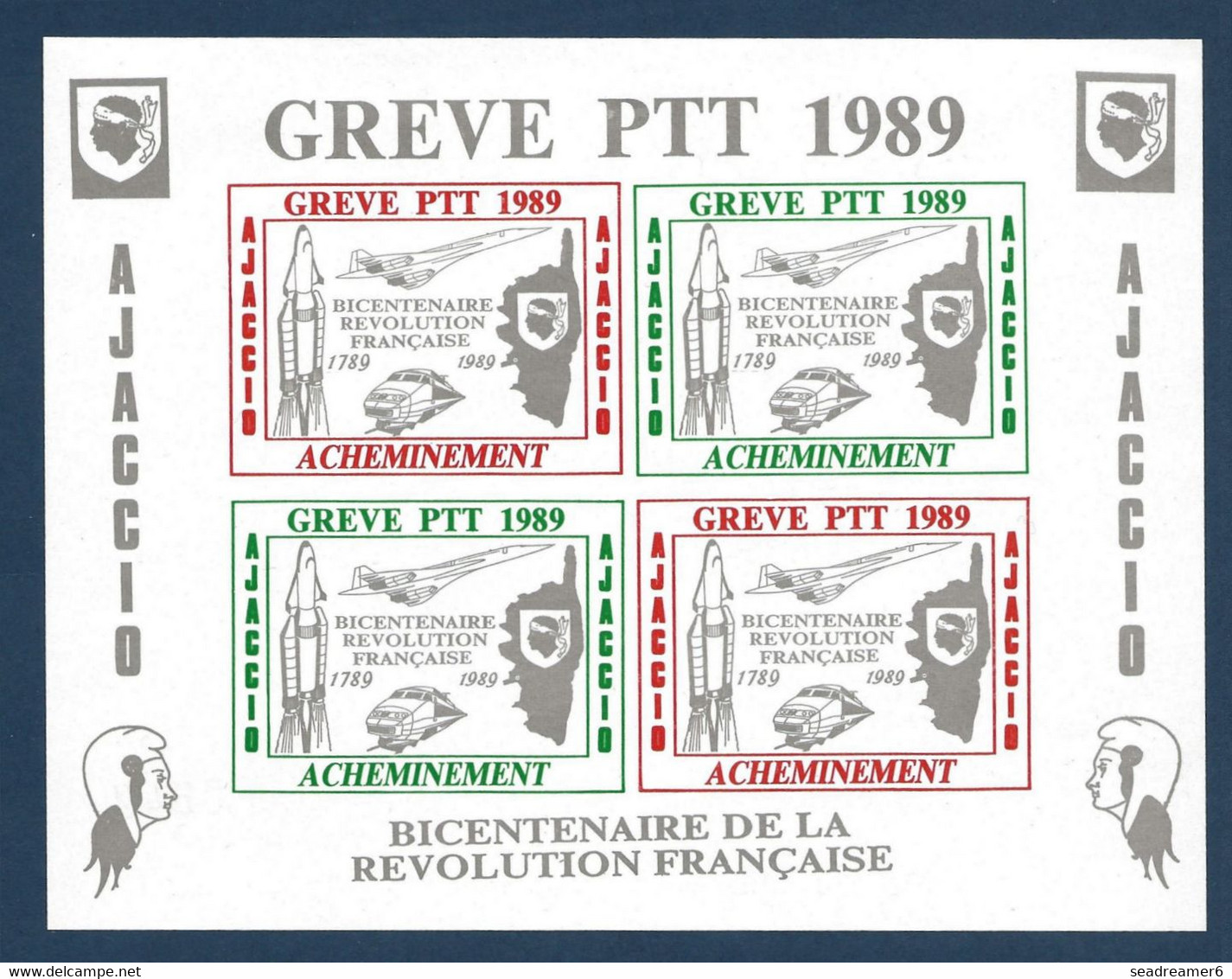 France Timbres Bloc De Grève En Corse Numéroté 0642 Ajaccio 1989 Bicentenaire De La Revolution TGV Concorde Fusée TTB - Autres & Non Classés