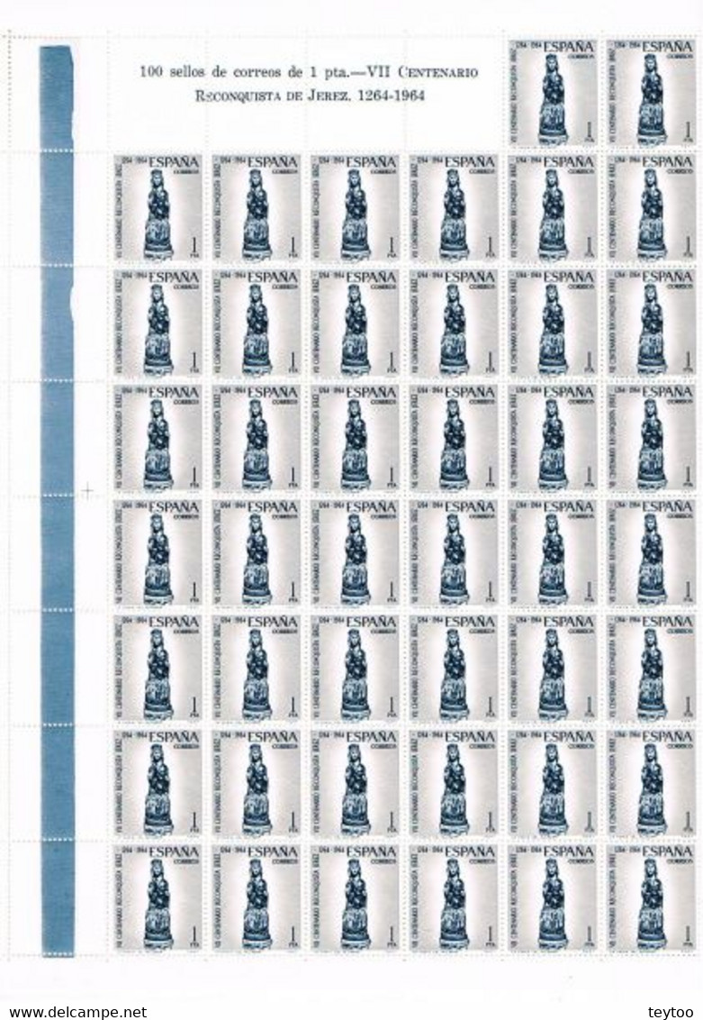 [A0162] España 1964; Pliego Centenario Reconquista De Jerez, 100x1Pt. (MNH) - Full Sheets