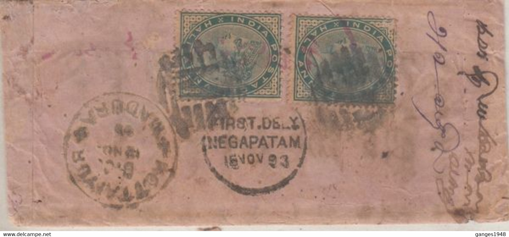 India 1893  QV  1/2A X 2 Stamps On  Cover  KOTTAIYUR / MADURA  To Negapatam  #  31708 D  Inde  Indien - Andere & Zonder Classificatie