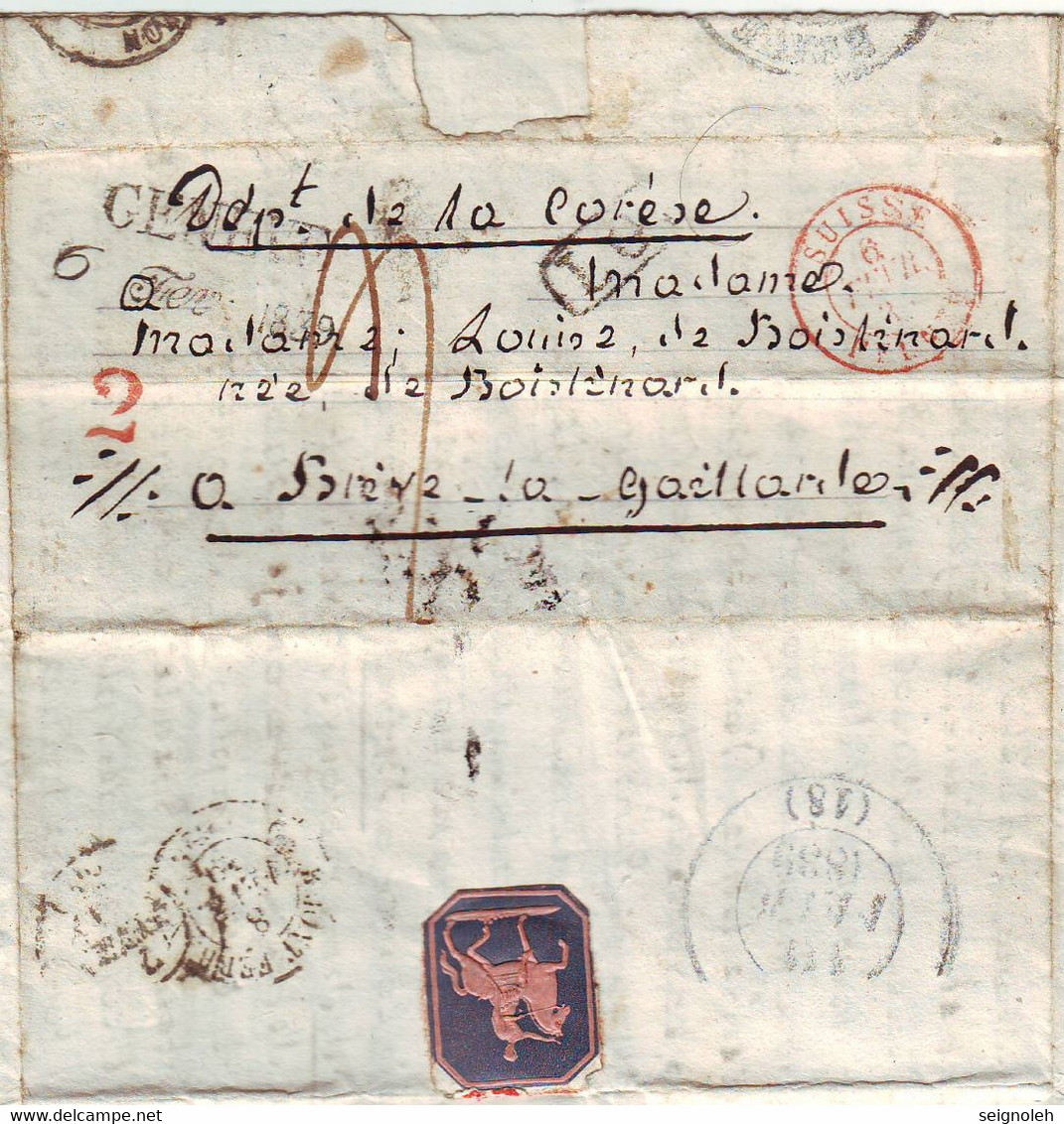 Lettre De GENEVE Suisse 1839 Pour BRIVE Correze SUPERBE FERMETURE Messager Romain, Texte De 3 Pages - 1801-1848: Vorläufer XIX