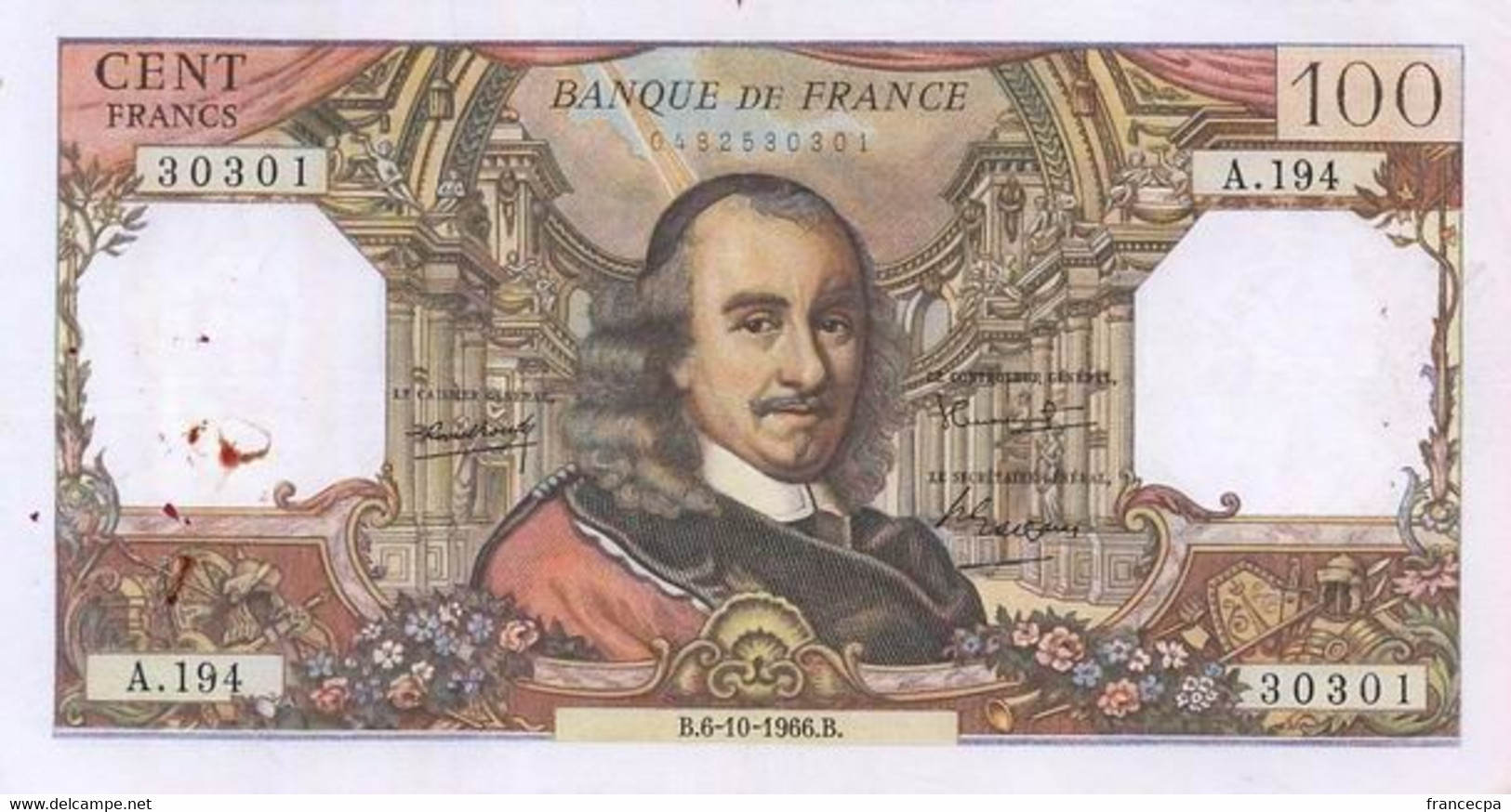 004 BILLET FRANCE 100 Francs Corneille B.6-10-1966.B. N°0482530301 - 100 F 1964-1979 ''Corneille''
