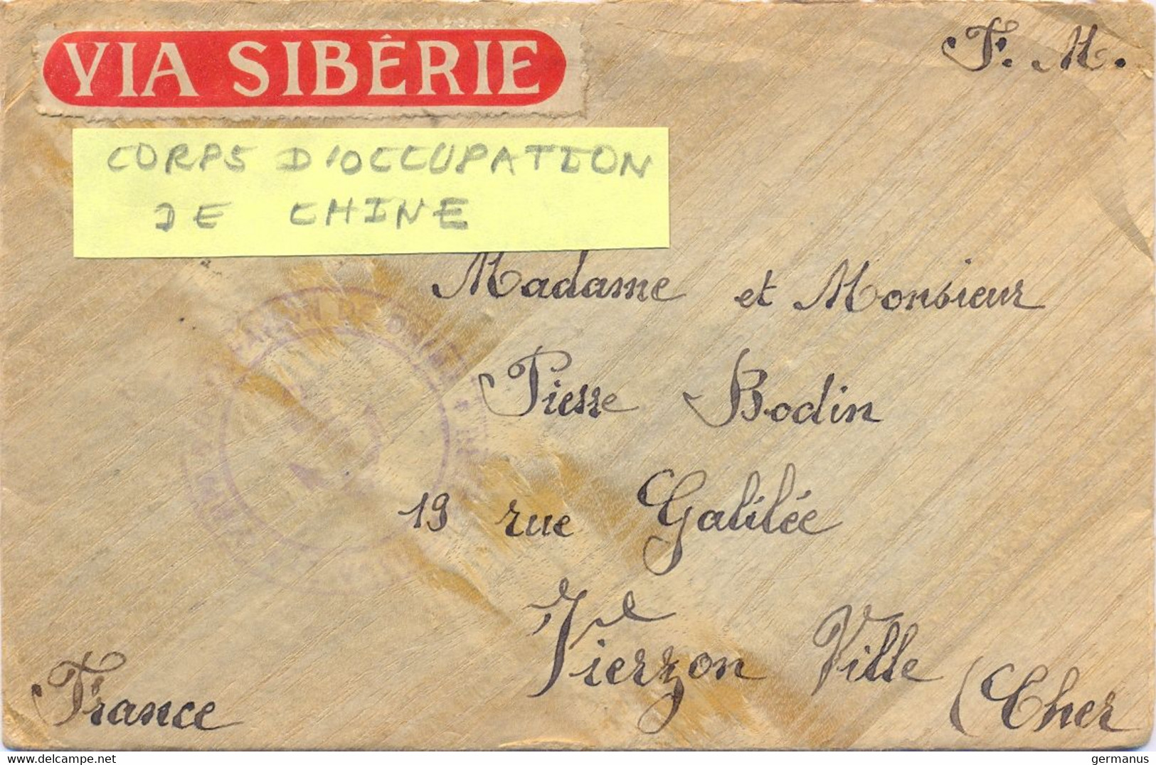 MILITAIRE CORPS D’OCCUPATION DE CHINE 16eme R.I.C. 2 Eme Cie ARSENAL De L’EST TIEN TSIN CHINE Du NORD De 1938 - Sellos Militares Desde 1900 (fuera De La Guerra)