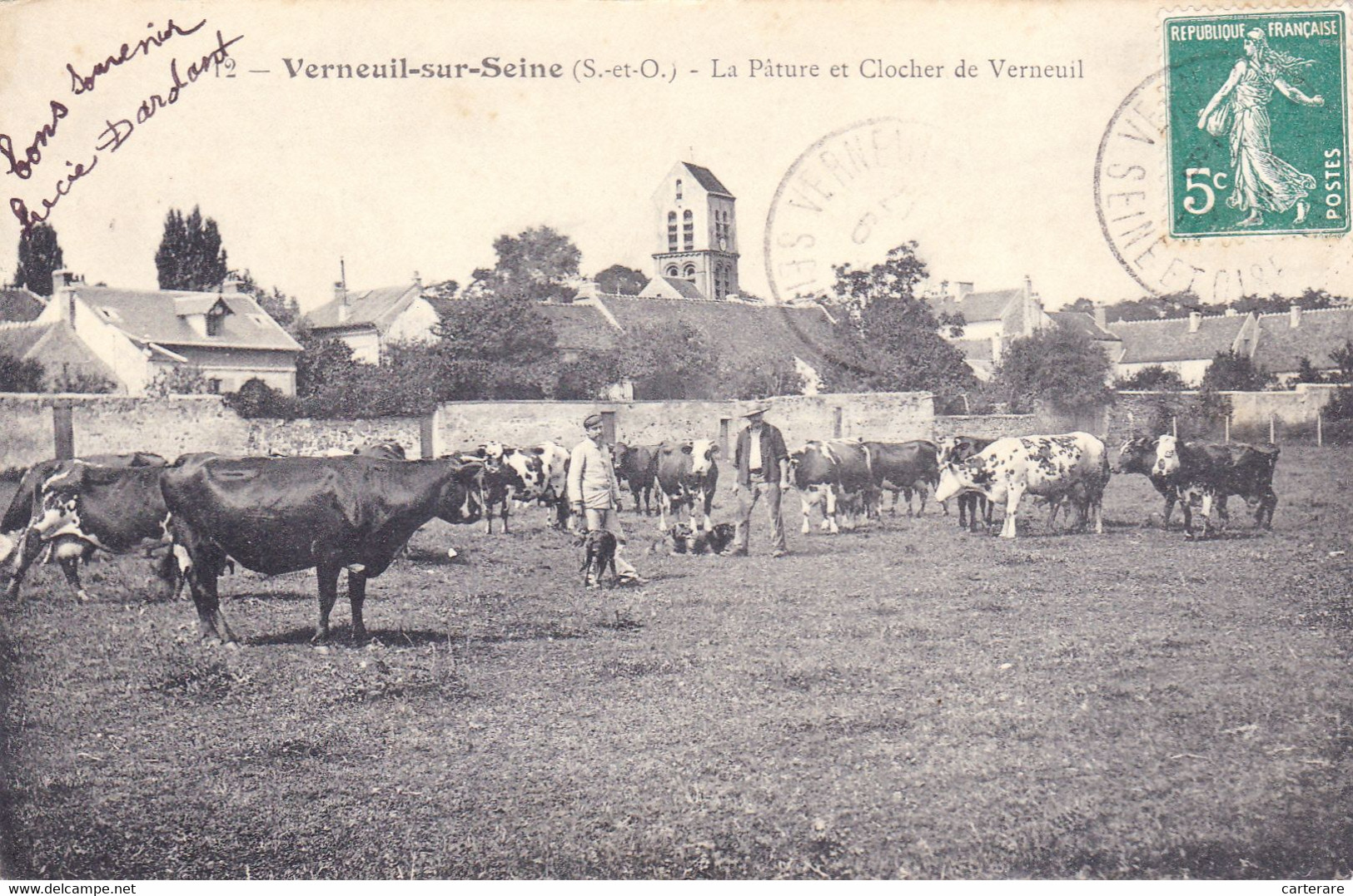 78,YVELINES,VERNEUIL SUR SEINE,TIMBRE,1910,VACHE,PAYSAN,FERMIER,RARE - Verneuil Sur Seine