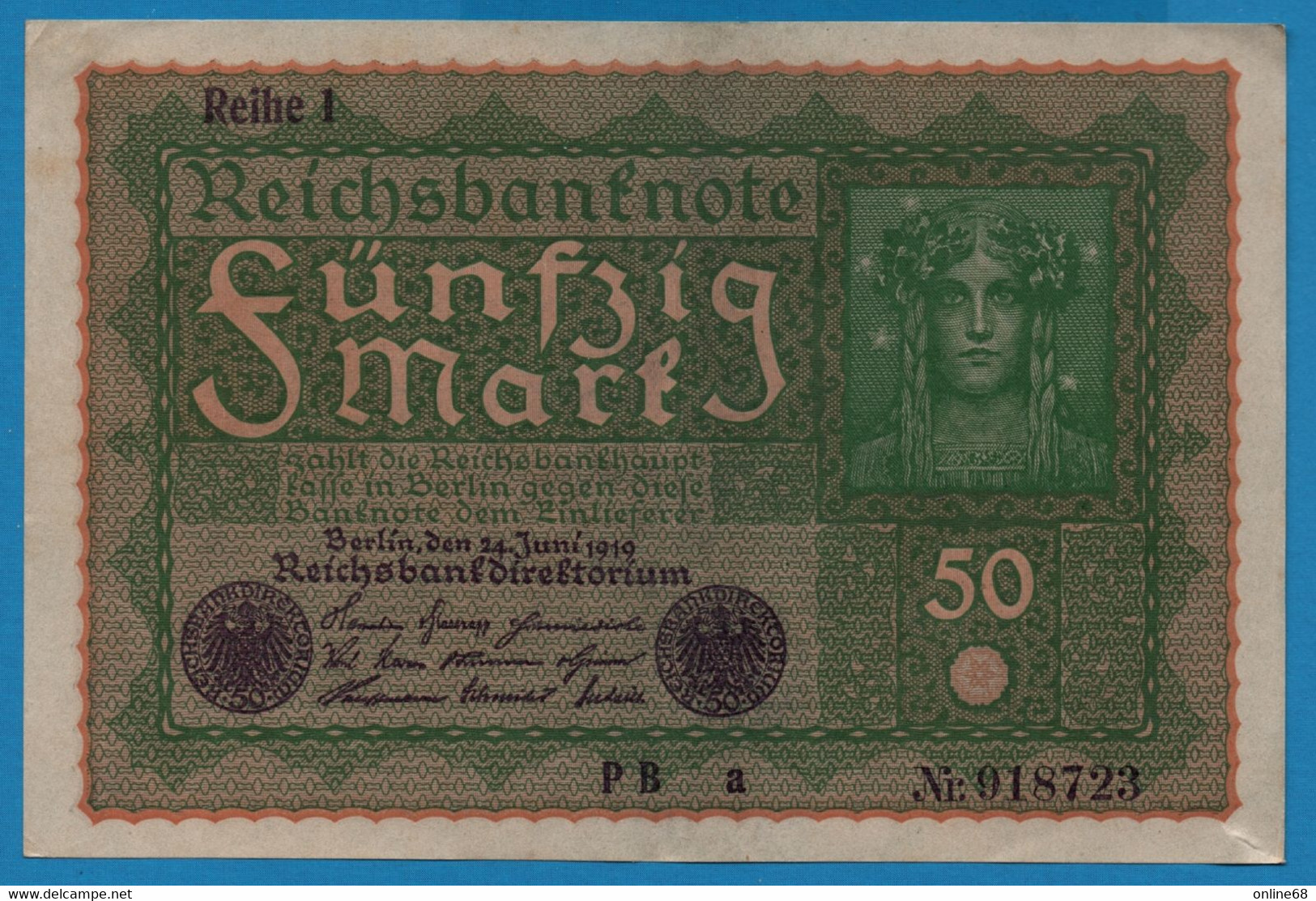 DEUTSCHES REICH 50 Mark  24.06.1919 Série PB A # 918723  P# 66 Reihe 1 - 50 Mark