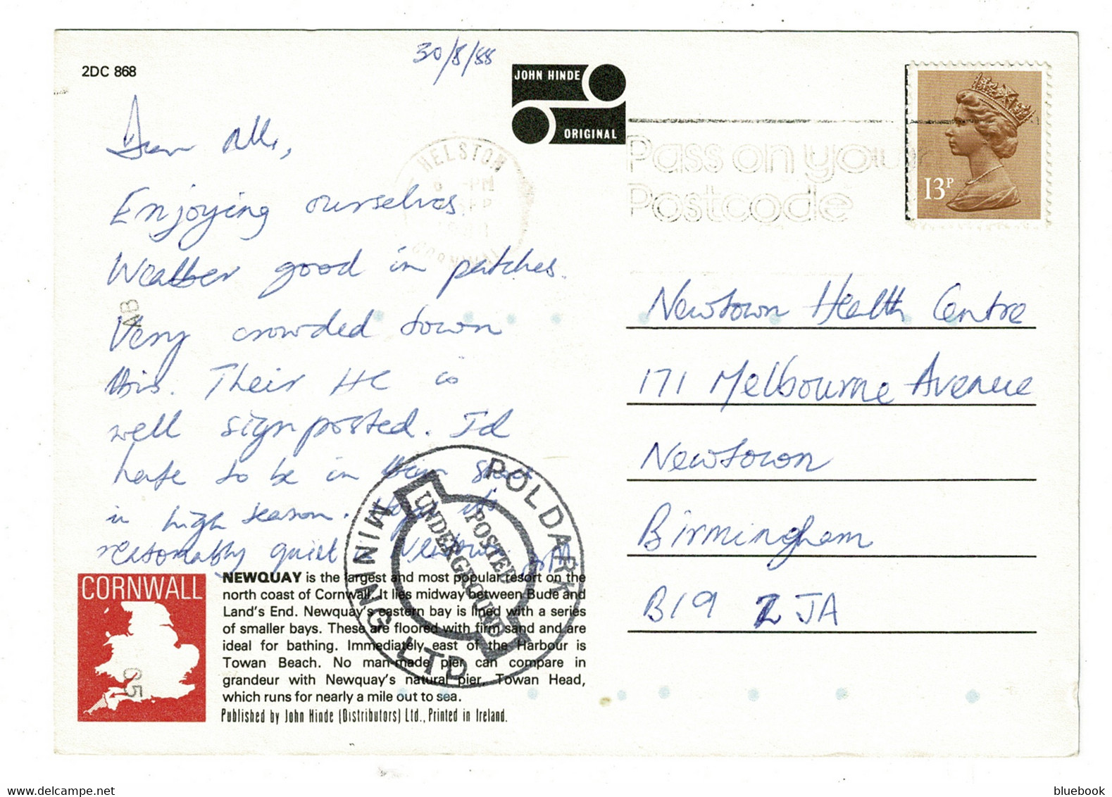 Ref 1476 - 1988 John Hinde Postcard - Posted Underground Poldark Mining - Newquay Cornwall - Lettres & Documents