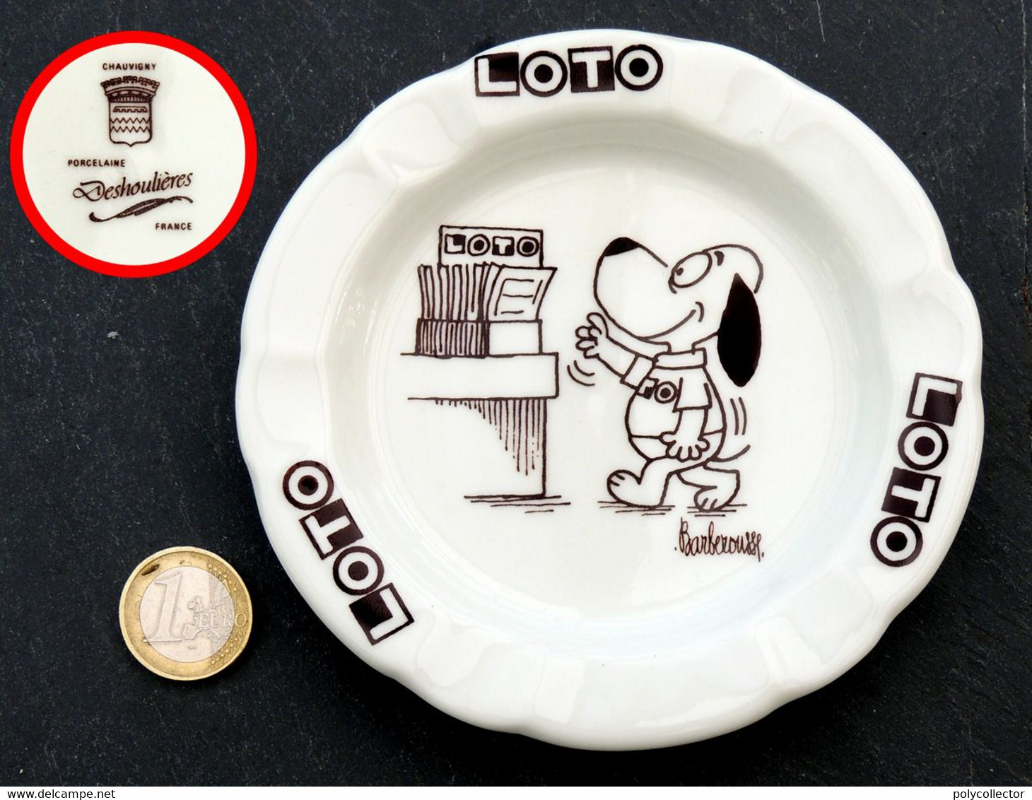 Ancien Cendrier Du LOTO Avec Un Chien Dessiné Par BARBEROUSSE En Porcelaine Blanche - Altri & Non Classificati