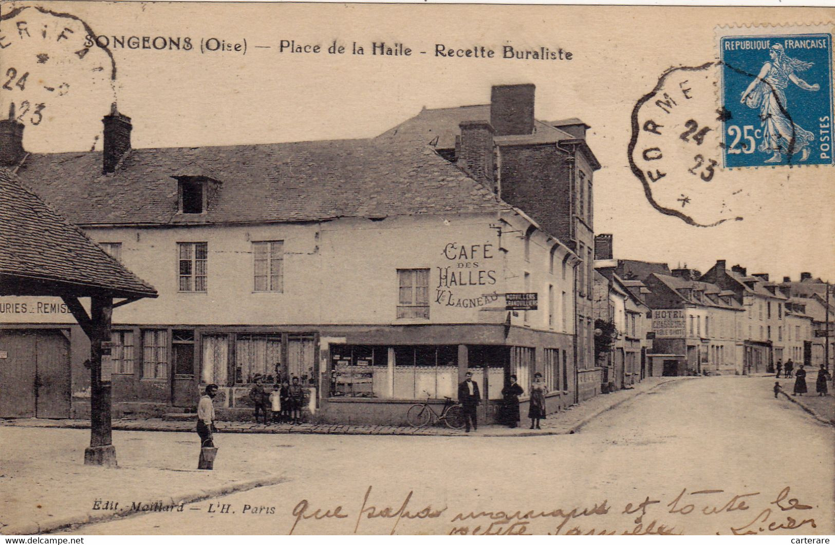60,0ISE,SONGEONS,1923,TIMBRE,TAMPON,RARE,CAFE DES HALLES,VUE ANIMEE - Songeons