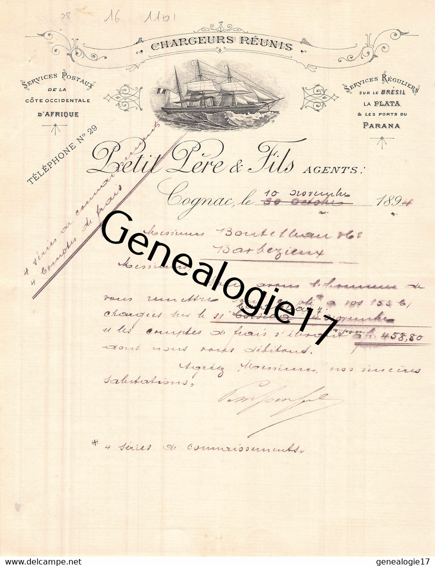 16 2361 COGNAC CHARENTE 1894 CHARGEURS REUNIS Ets PETIT PERE ET FILS Cote Occidentale D Afrique Bresil La Plata PARANA - Barcos