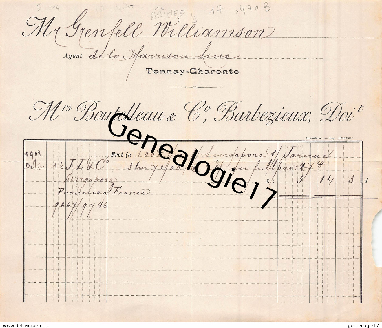 17 1020 TONNAY CHARENTE 1908 Agent De Ligne BOUTELLEAU BARBEZIEUX Steamers HARRISON Ets GRENFELL Et WILLIAMSON - Boten