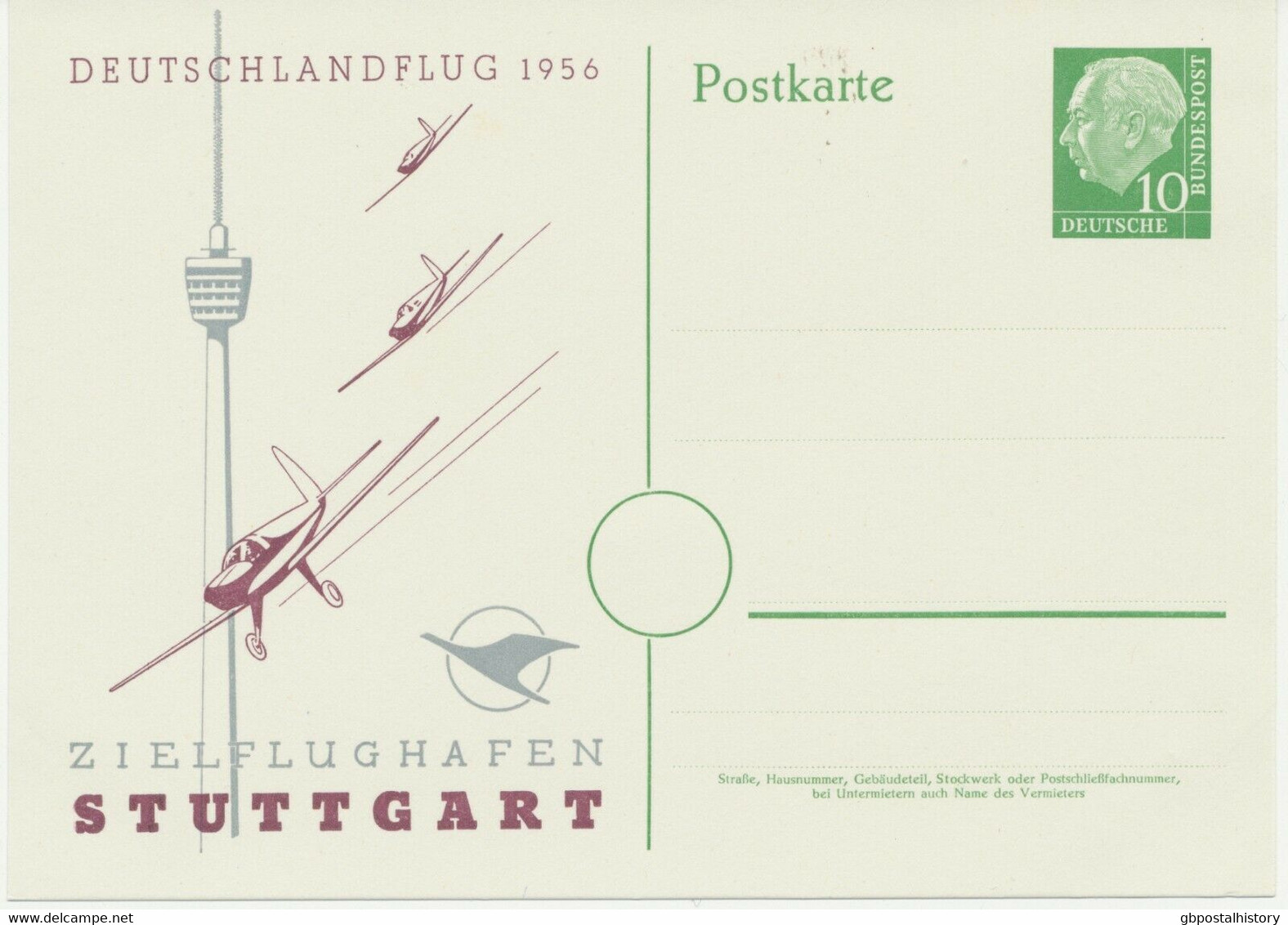 BUNDESREPUBLIK 1956 Heuß 10Pf Ungebr. Privat-GA DEUTSCHLANDFLUG 1956 STUTTGART - Private Postcards - Mint