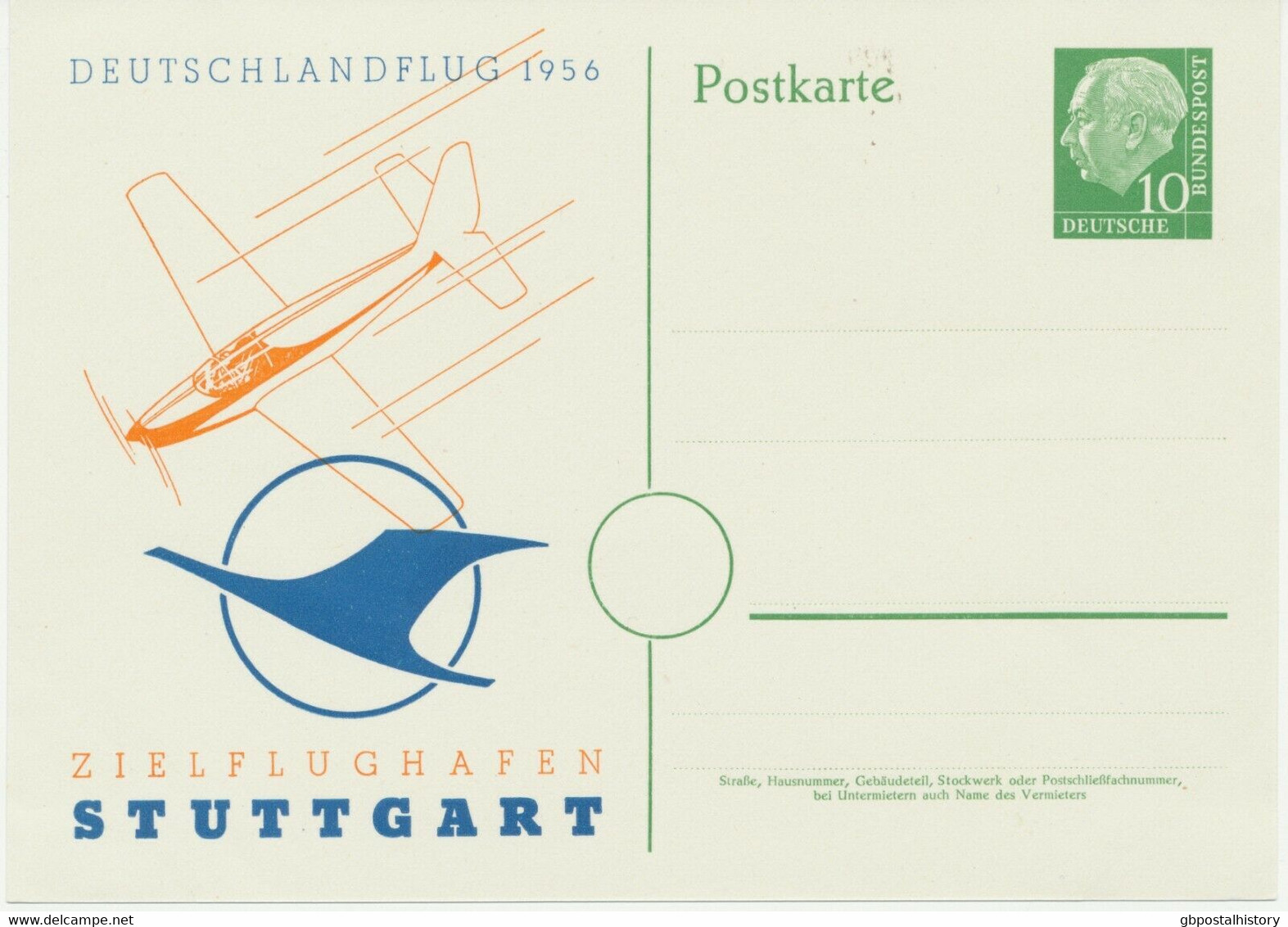 BUNDESREPUBLIK 1956 Heuß 10Pf Ungebr. Privat-GA DEUTSCHLANDFLUG 1956 STUTTGART - Privatpostkarten - Ungebraucht