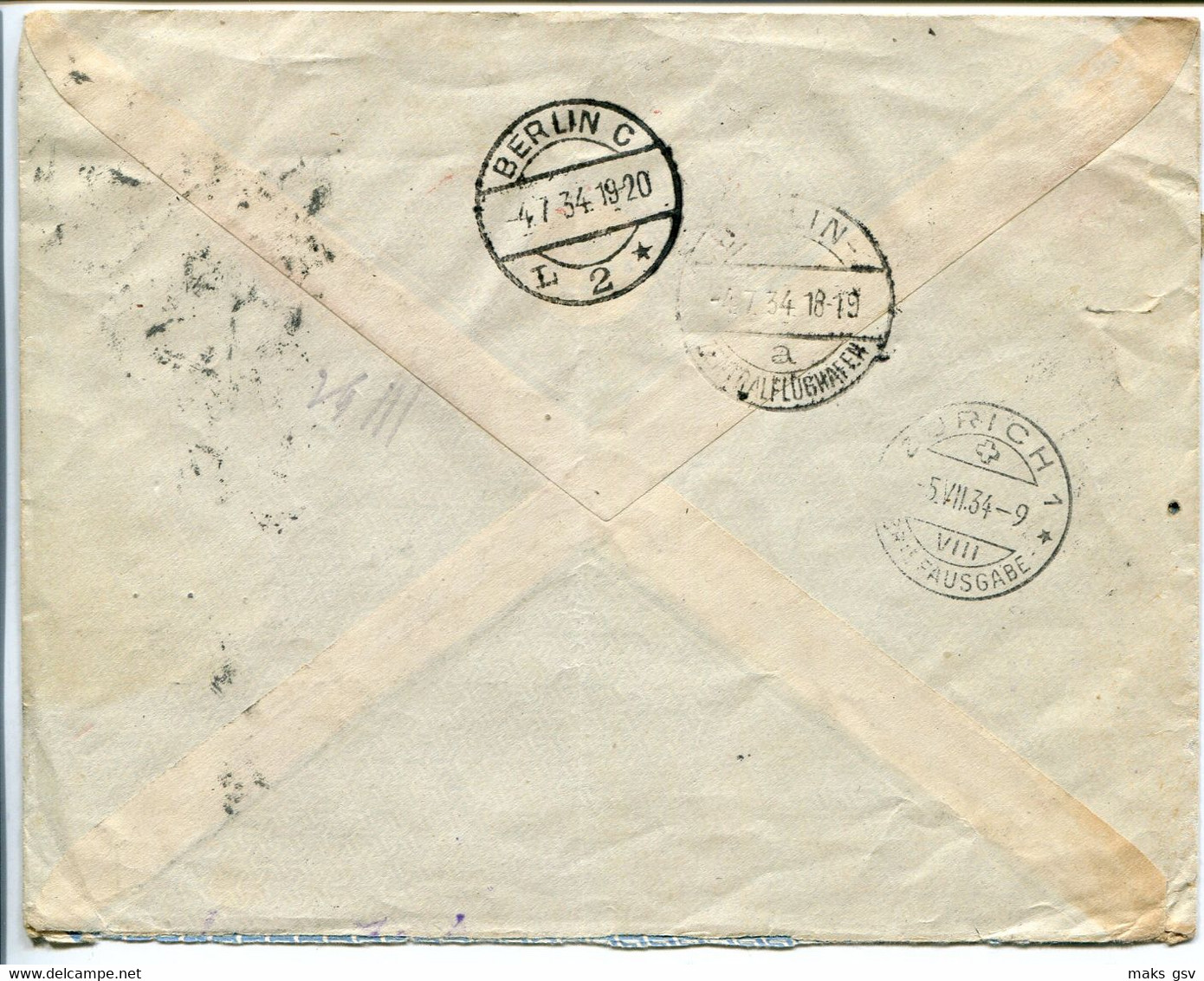 3726 Russia SOVIET Union AIRMAIL Moscow Cancel 1934 R-cover Via Germany Berlin Zentralflughafen To Basel Switerland Pmk - Covers & Documents