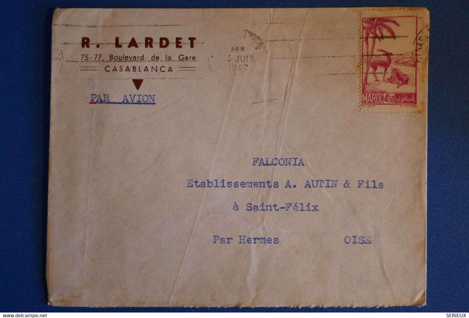 L7 MAROC BELLE LETTRE 1947 PAR AVION CASABLANCA POUR ST FELIX FRANCE  T.P SEUL +AFFRANCH INTERESSANT - Covers & Documents