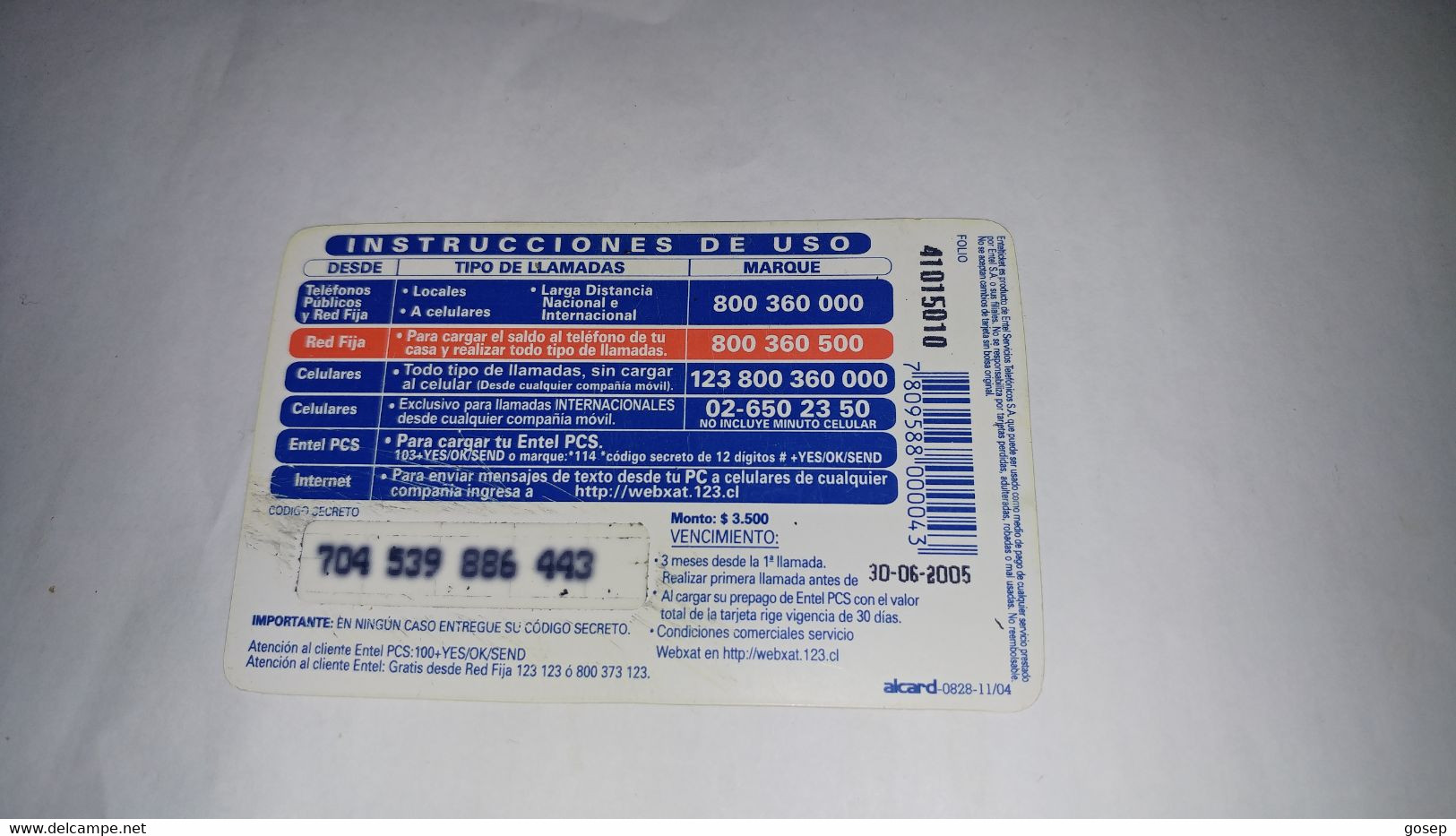 Chile-entel Ticket-multi(175)-($3.500)-(704-538-886-673)-(30/6/2005)-(look Outside)-used Card+1card Prepiad Free - Chili