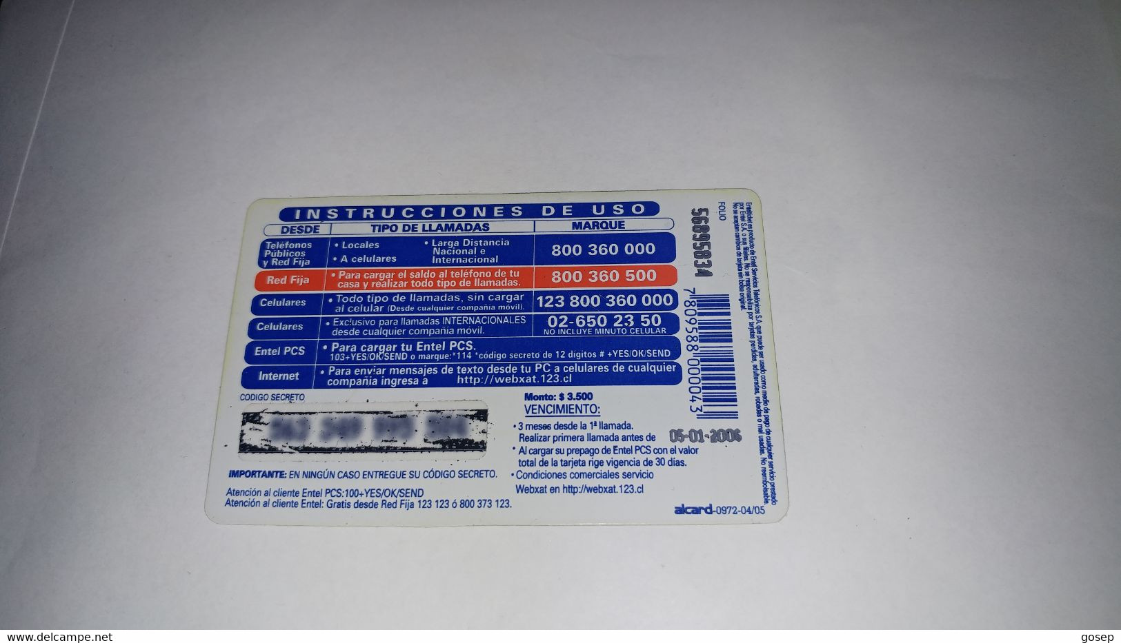 Chile-entel Ticket-multi(177)-($3.500)-(55895834)-(5/1/2006)-(look Outside)-used Card+1card Prepiad Free - Chili