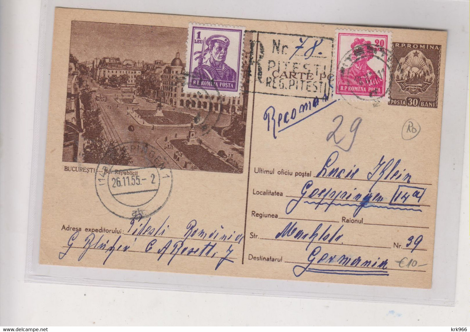 ROMANIA 1955 PITESTI Registered Postal Stationery To Germany - Briefe U. Dokumente