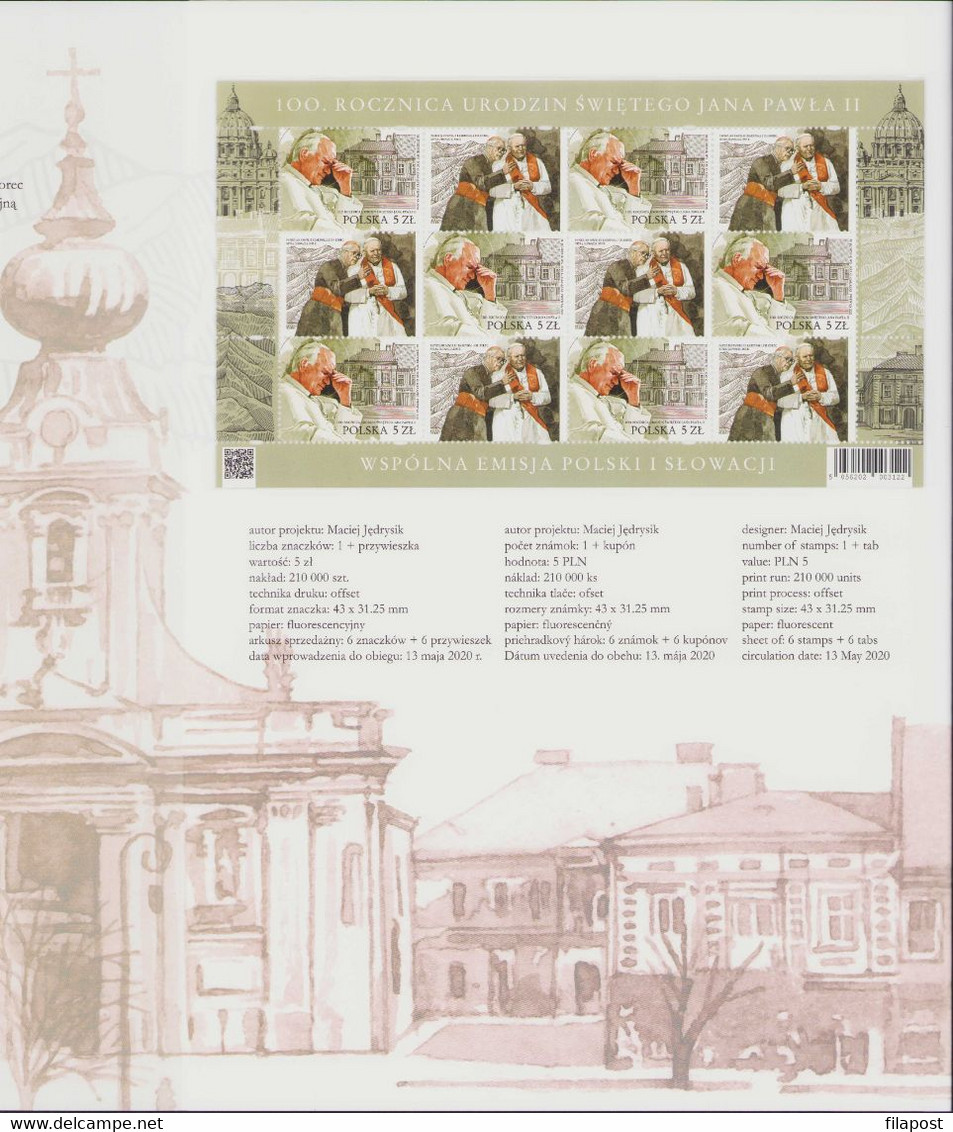 2020 Poland Souvenir Booklet 100th Anniv Of Birth Pope John Paul II Joint Issue With Slovak Post 2 Full Sheet MNH** FV - Booklets