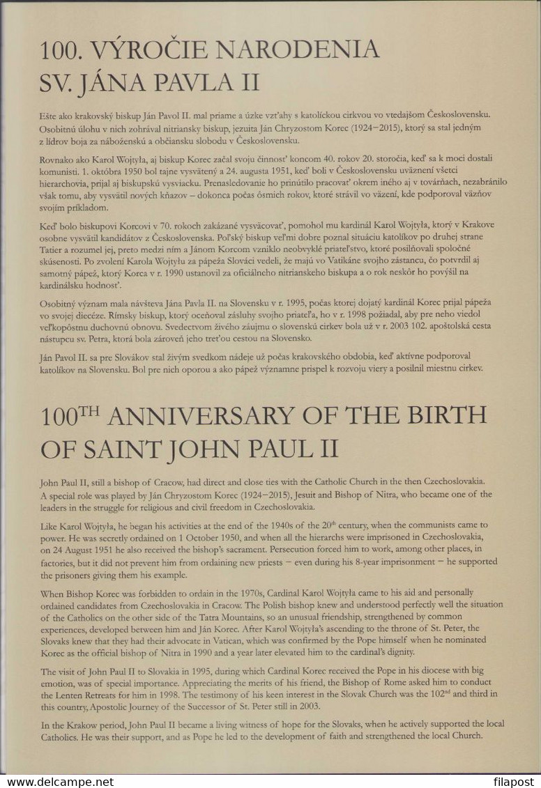 2020 Poland Souvenir Booklet 100th Anniv Of Birth Pope John Paul II Joint Issue With Slovak Post 2 Full Sheet MNH** FV - Booklets