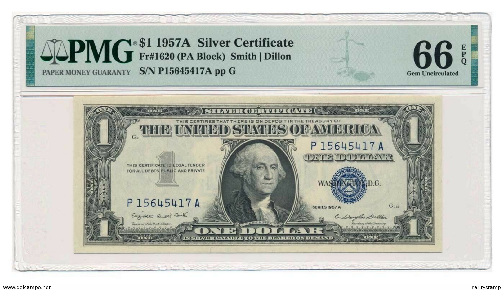 STATI UNITI 1957  $1 1957A SILVER CERTIFICATE FR#1620 PA BLOCK SMITH / DILLON CERTIFICATE PMG 66 GEM UNCIRCULATED - Silver Certificates (1928-1957)