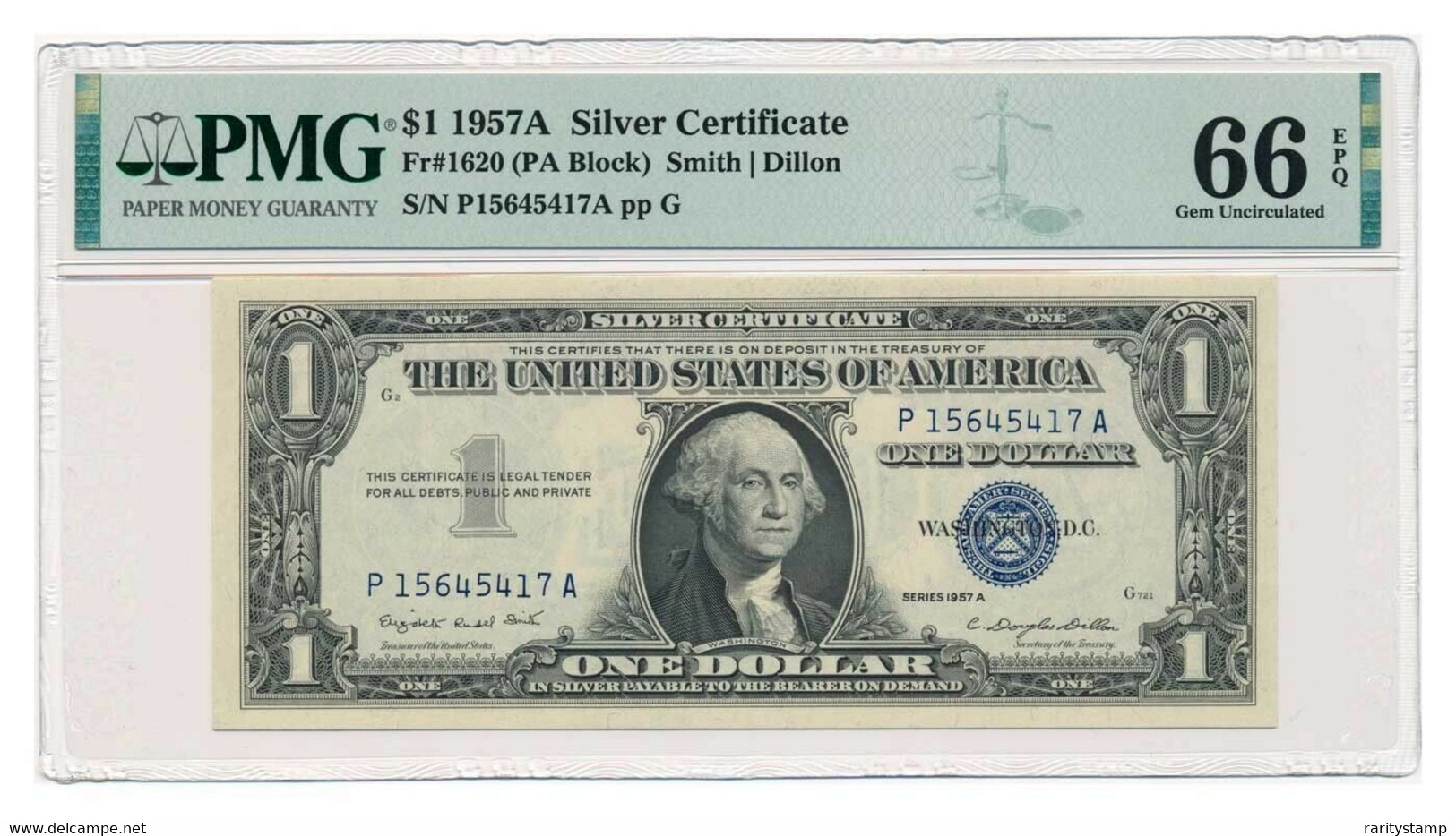 STATI UNITI 1957  $1 1957A SILVER CERTIFICATE FR#1620 PA BLOCK SMITH / DILLON CERTIFICATE PMG 66 GEM UNCIRCULATED - Certificaten Van Zilver (1928-1957)