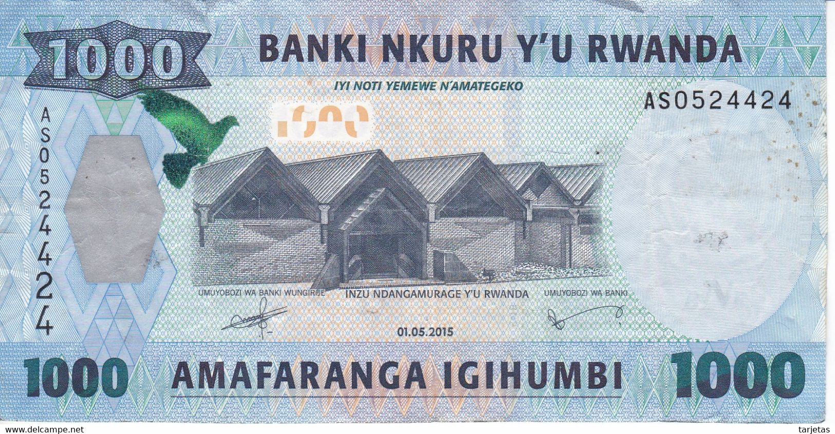 BILLETE DE RWANDA DE 1000 FRANCS DEL AÑO 2015 - MONO-MONKEY  (BANKNOTE) - Rwanda