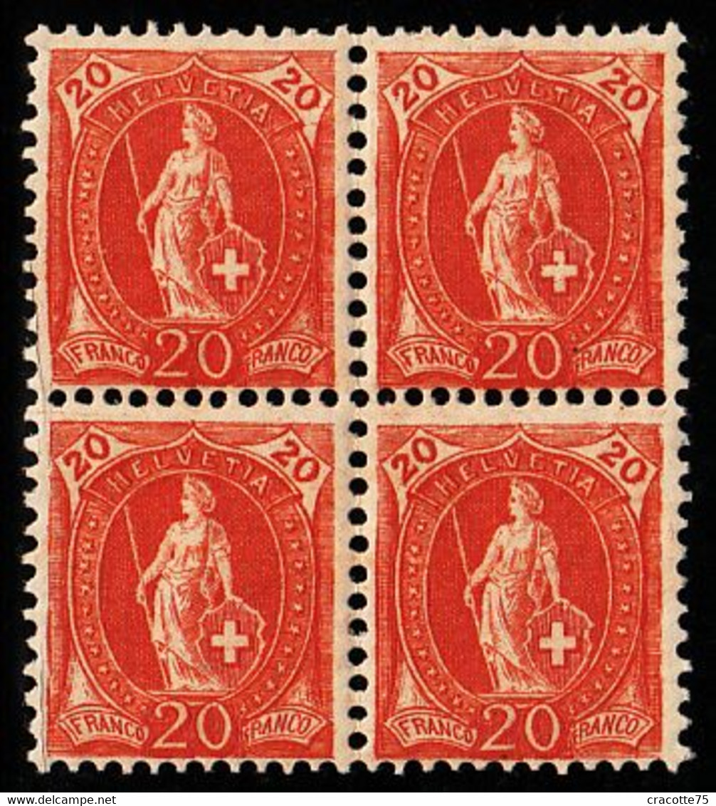 SUISSE - N°  71** - HELVETIA "debout" - BLOC DE 4.- Orange Foncé. - Unused Stamps