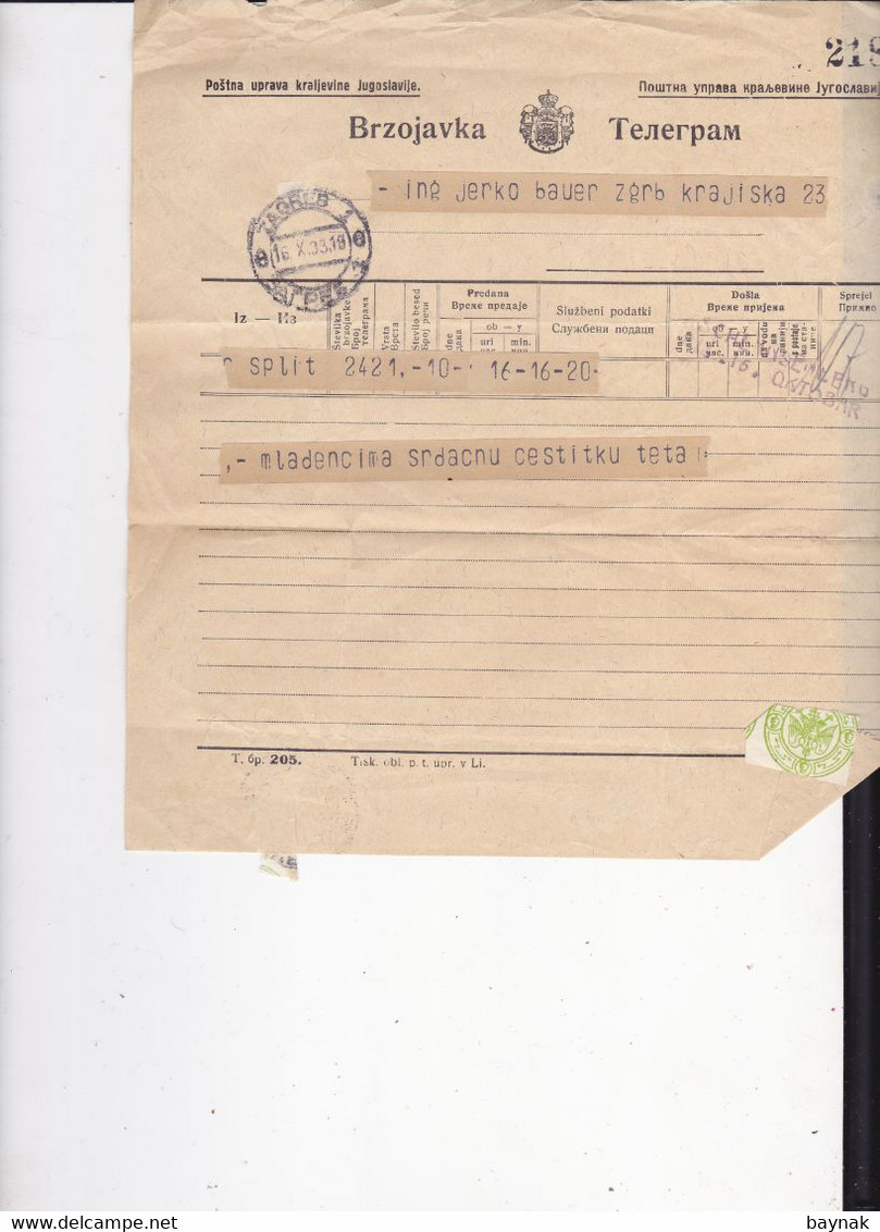 KINGDOM OF YUGOSLAVIA   -- TELEGRAMM   --   BRZOJAVKA  --  1933 - Other & Unclassified