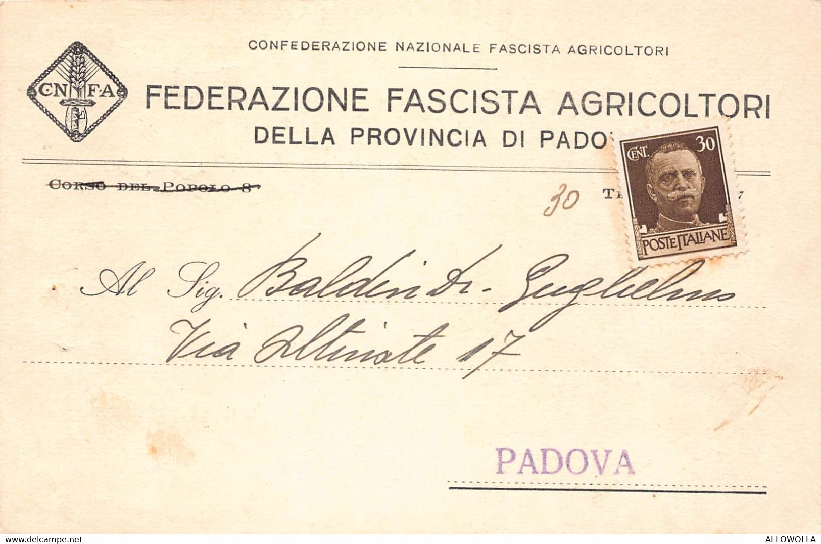 11319" FEDERAZIONE FASCISTA AGRICOLTORI DELLA PROVINCIA DI PADOVA"-CARTOLINA SPEDITA 1933 - Padova