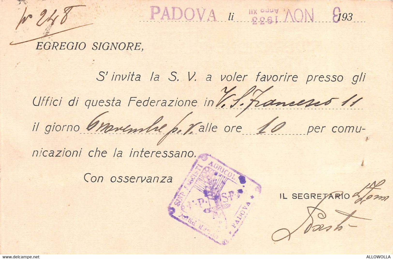 11319" FEDERAZIONE FASCISTA AGRICOLTORI DELLA PROVINCIA DI PADOVA"-CARTOLINA SPEDITA 1933 - Padova